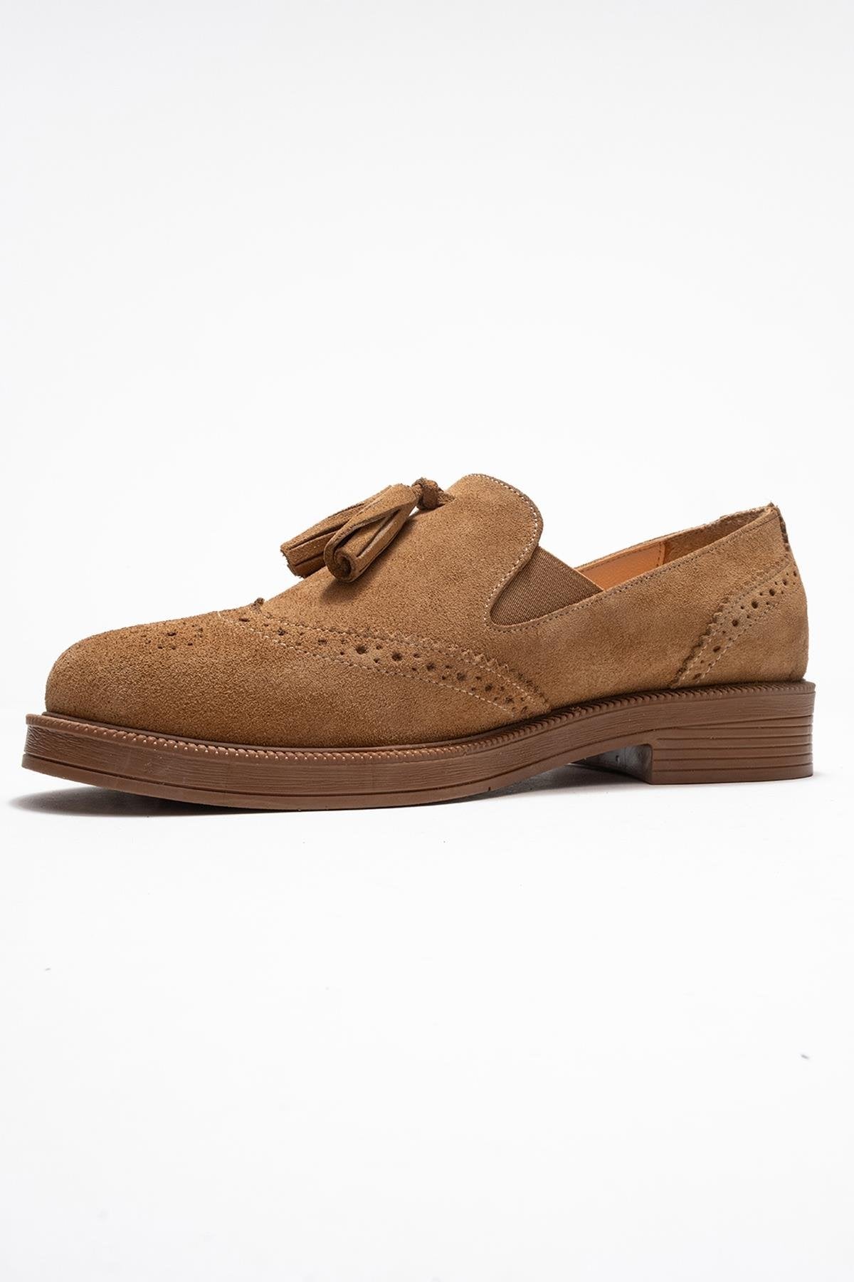 Alex - Taupe Suede Genuine Leather Tassel Elastic Loafer – heel view showing leather, suede, Vowalisse