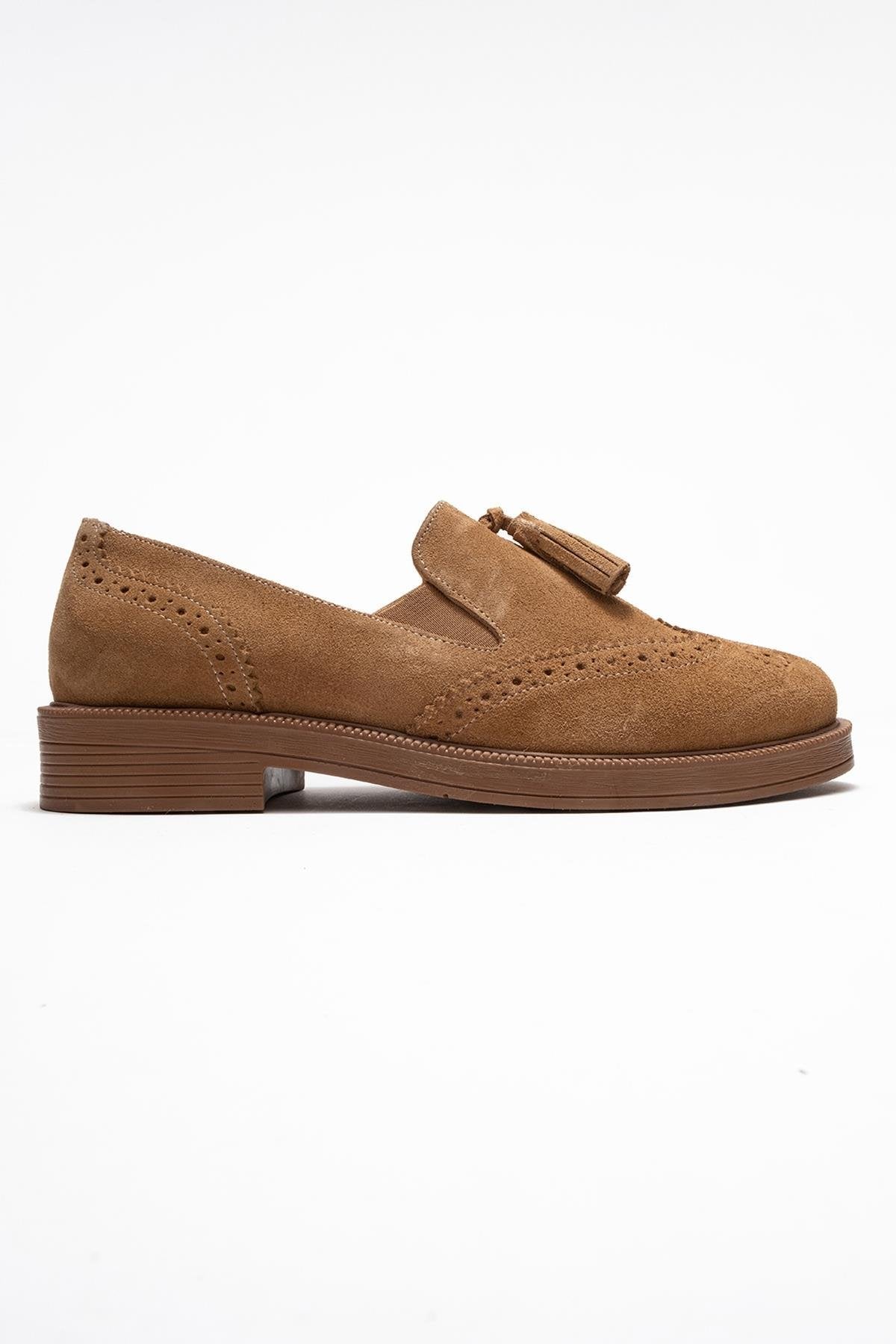 Alex - Taupe Suede Genuine Leather Tassel Elastic Loafer – top view showing leather, suede, Vowalisse