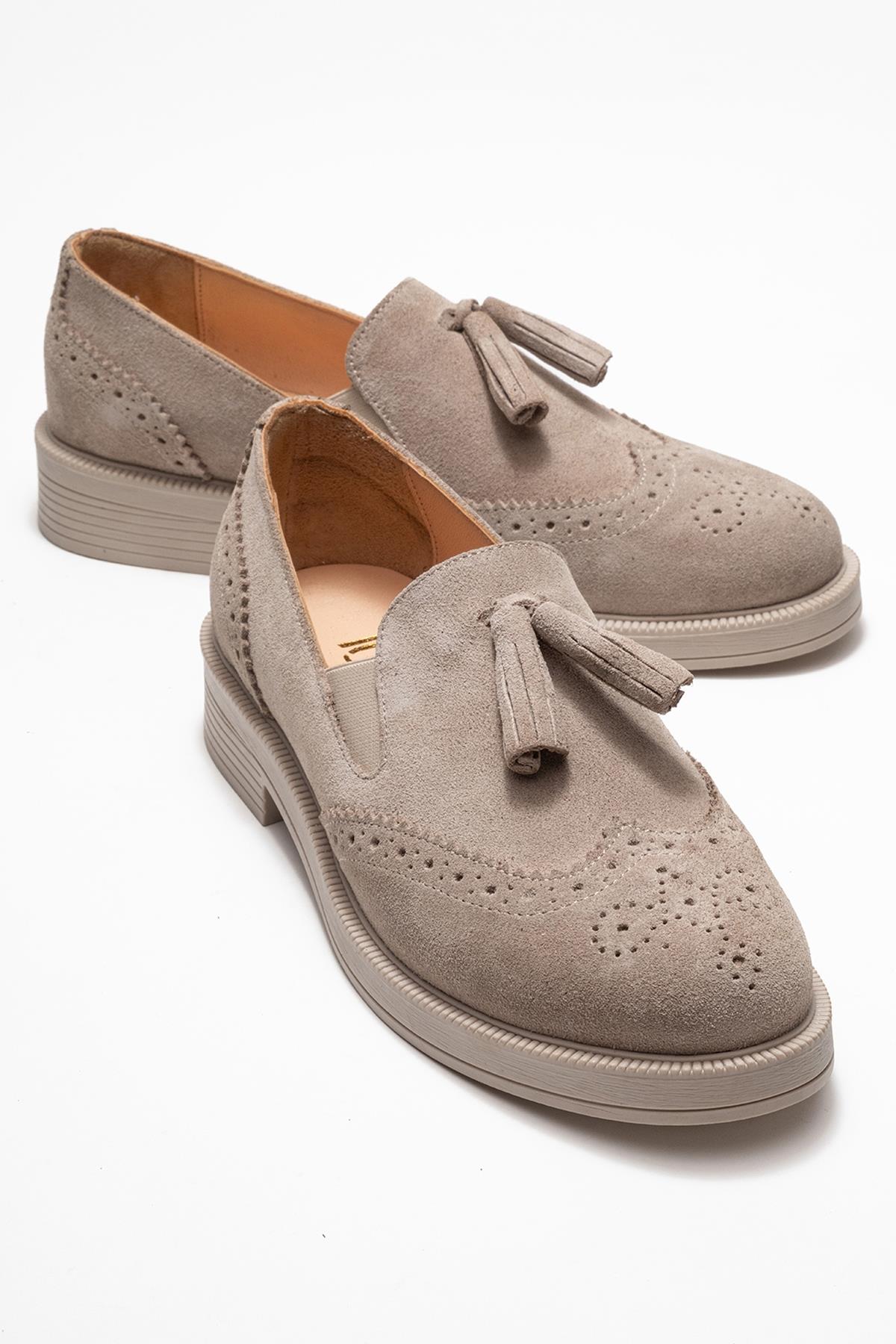 Alex - Beige Suede Genuine Leather Tassel Elastic Loafer – front three-quarter view showing leather, suede, Vowalisse