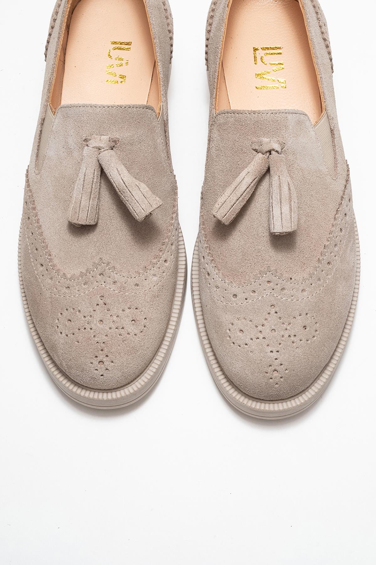 Alex - Beige Suede Genuine Leather Tassel Elastic Loafer – side view showing leather, suede, Vowalisse
