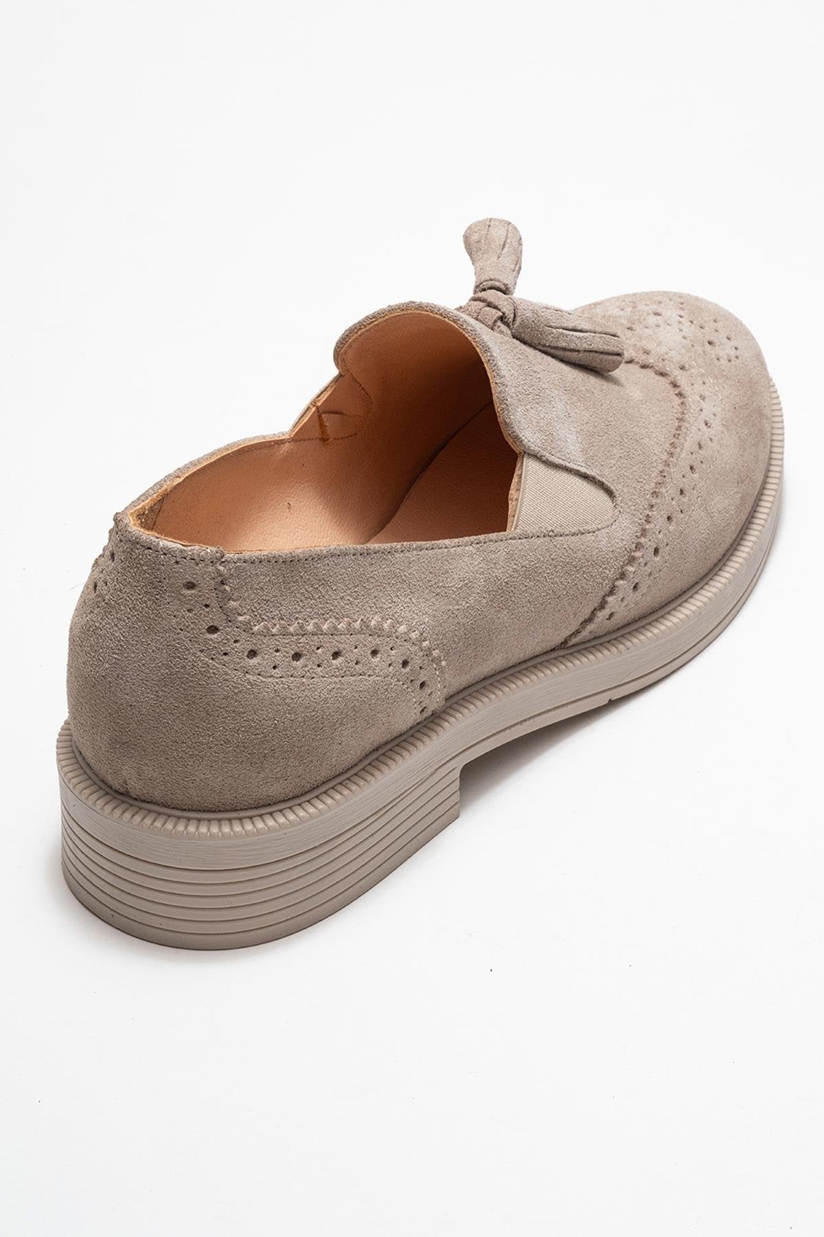 Alex - Beige Suede Genuine Leather Tassel Elastic Loafer – back view showing leather, suede, Vowalisse