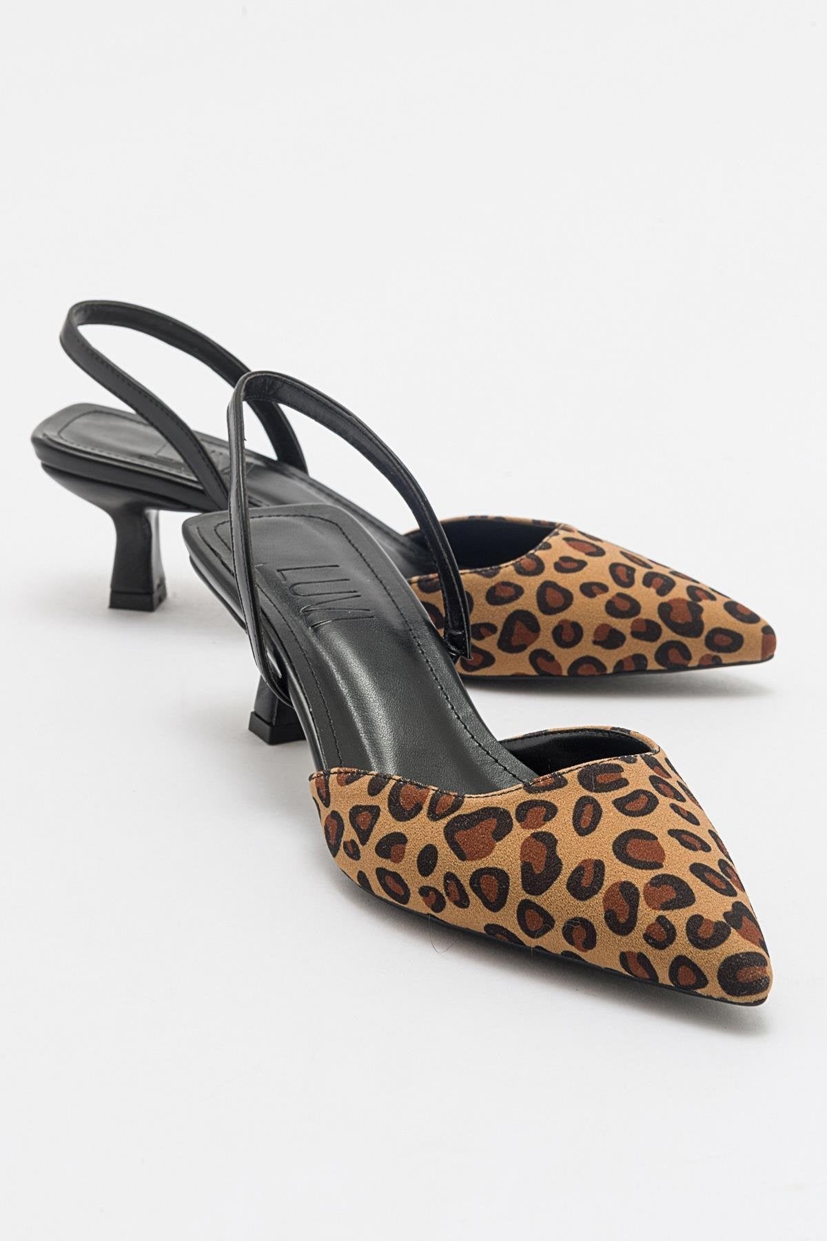 Over - Black/Yellow Patterned Pointed Toe Low Heel Shoe – front three-quarter view showing leather, black, Vowalisse