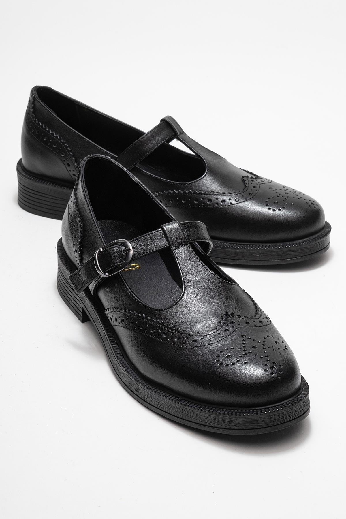 Janney - Black Genuine Leather Strap Loafer – front three-quarter view showing leather, black, Vowalisse