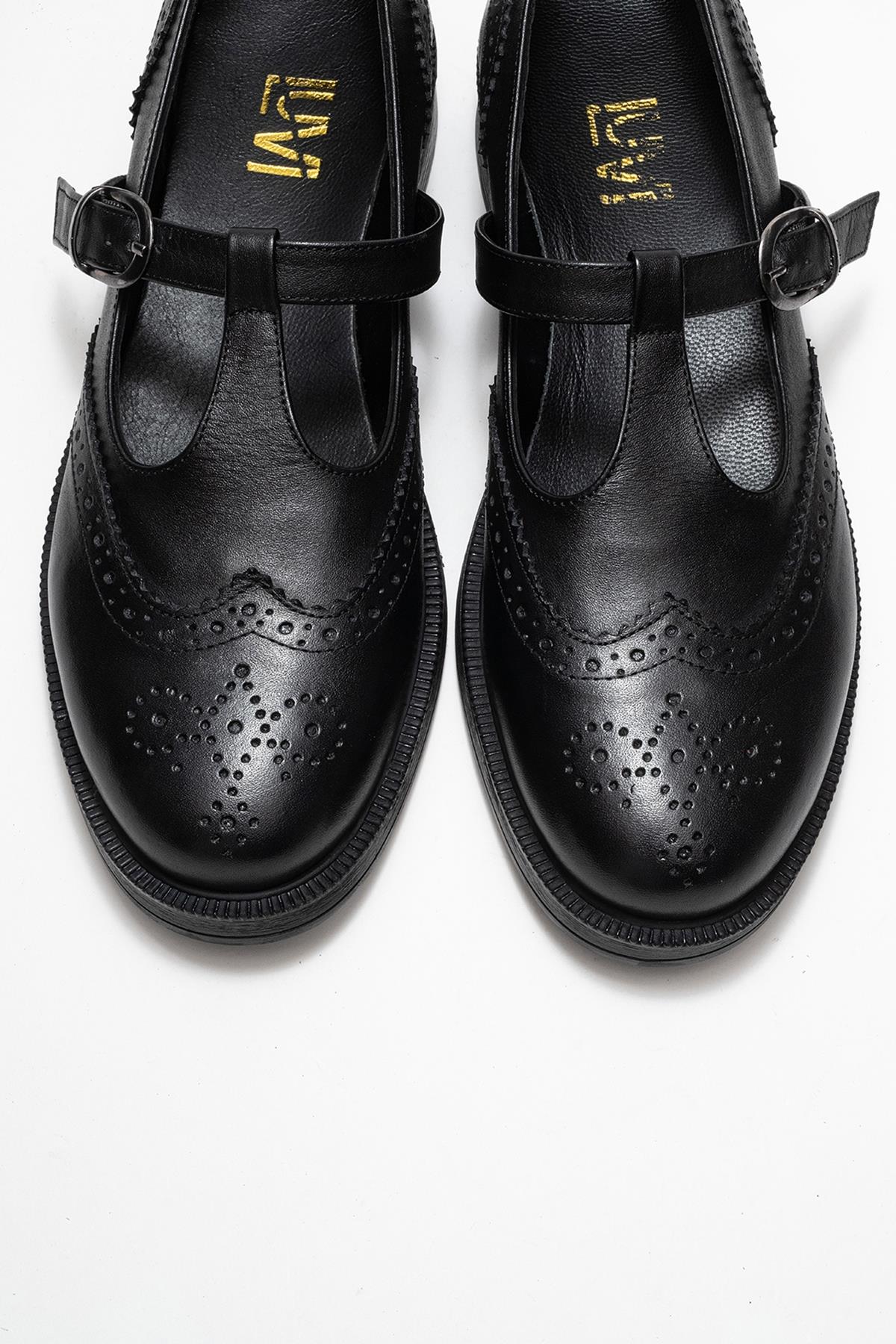 Janney - Black Genuine Leather Strap Loafer – side view showing leather, black, Vowalisse