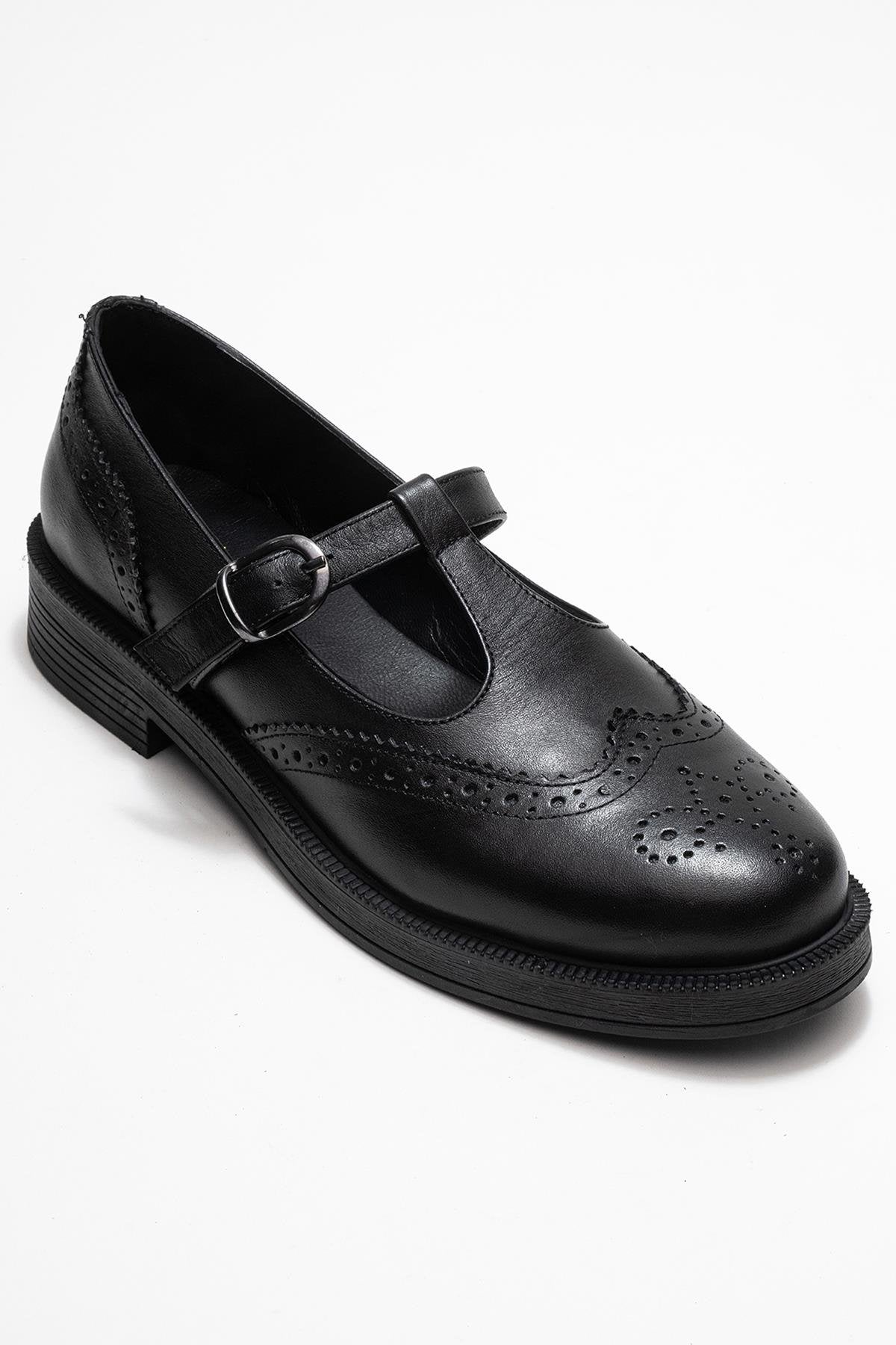Janney - Black Genuine Leather Strap Loafer – detail view showing leather, black, Vowalisse