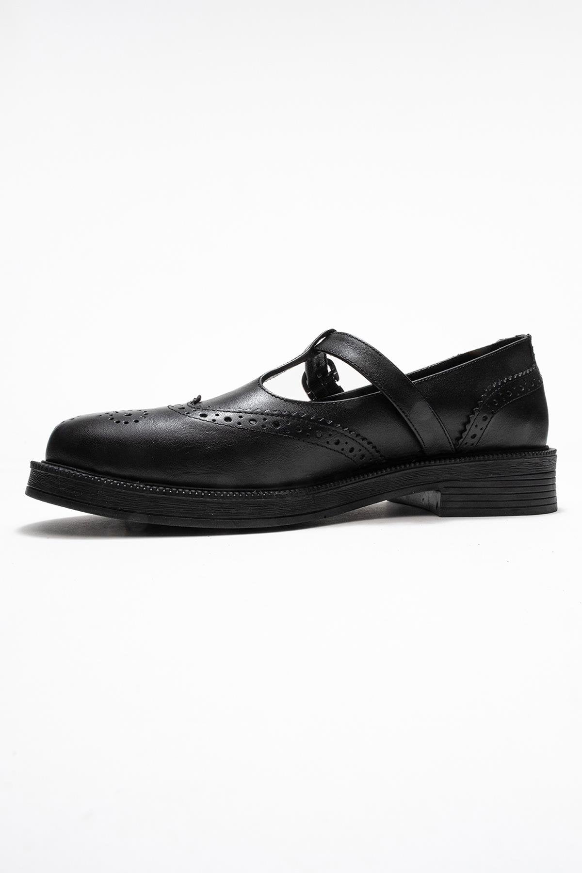 Janney - Black Genuine Leather Strap Loafer – heel view showing leather, black, Vowalisse