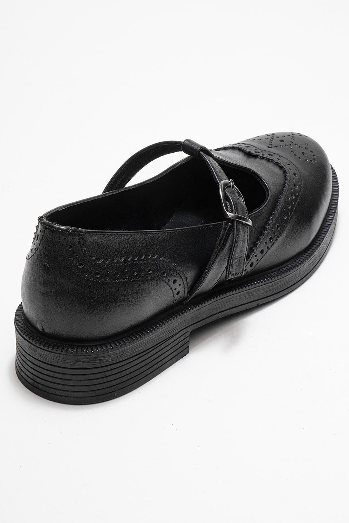 Janney - Black Genuine Leather Strap Loafer – back view showing leather, black, Vowalisse
