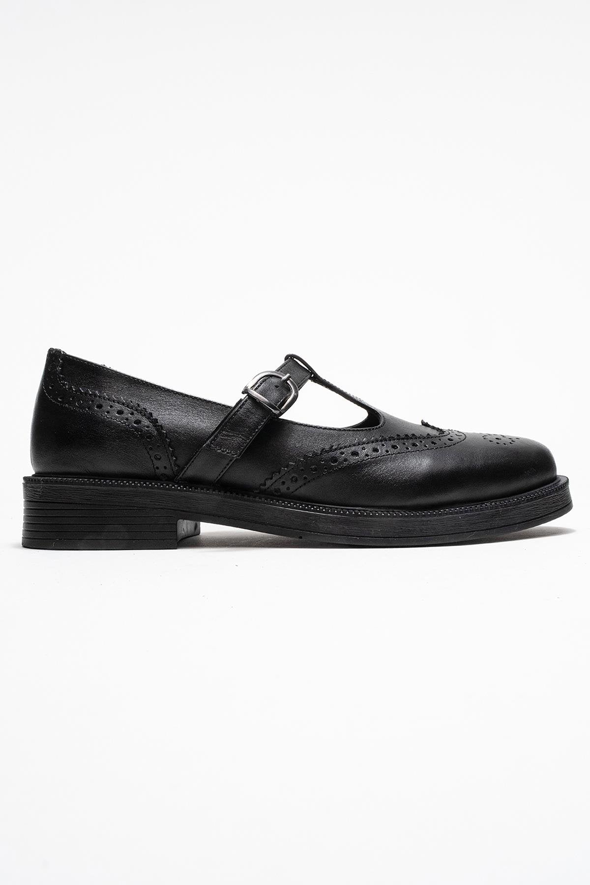 Janney - Black Genuine Leather Strap Loafer – top view showing leather, black, Vowalisse