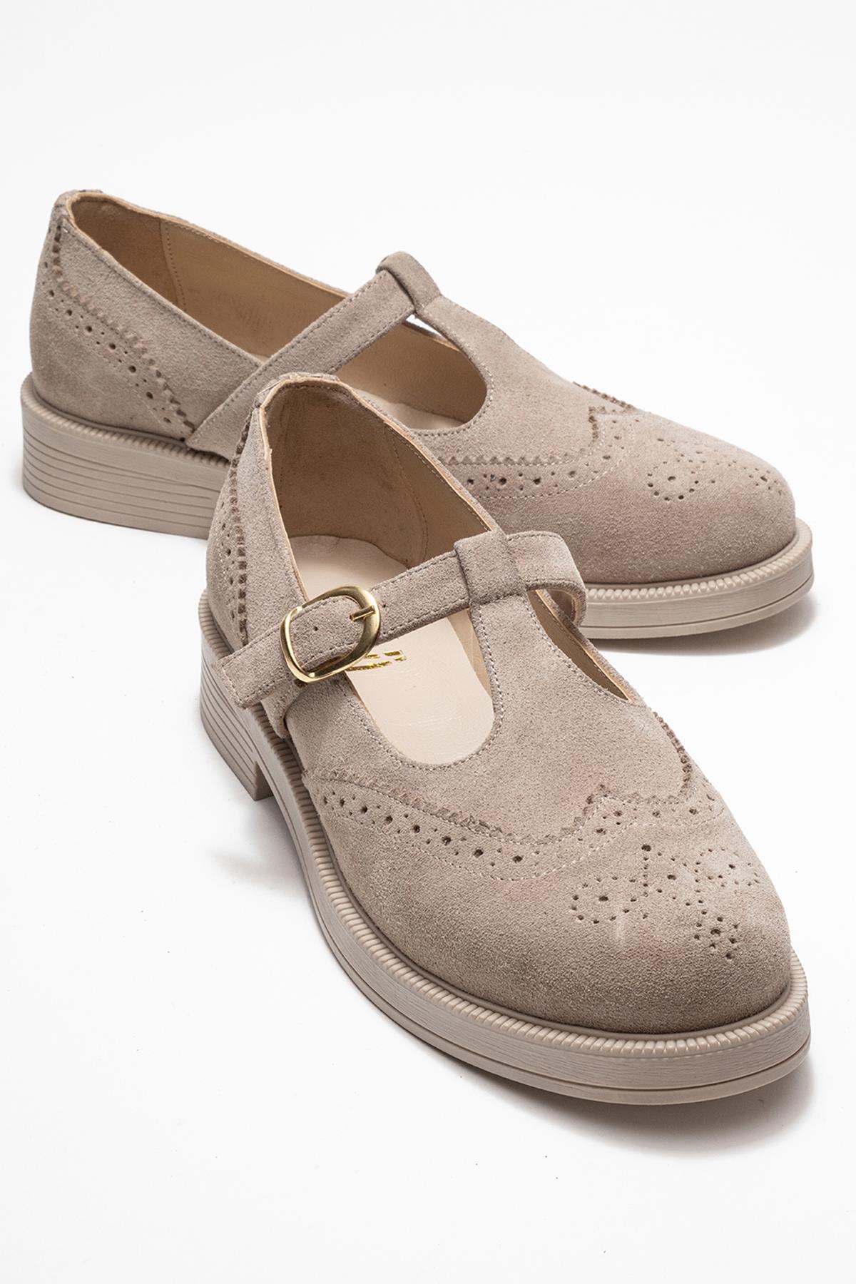 Janney - Beige Suede Genuine Leather Strap Loafer – front three-quarter view showing leather, suede, Vowalisse