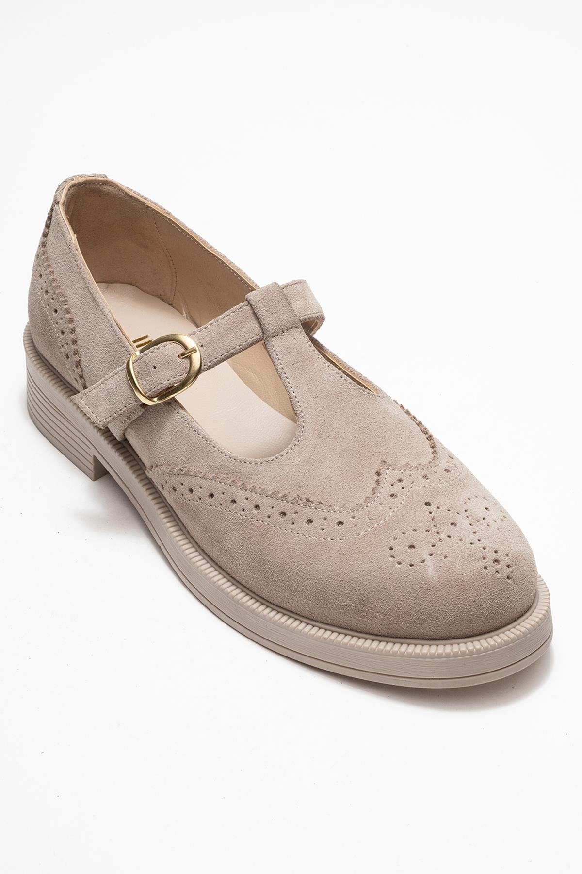 Janney - Beige Suede Genuine Leather Strap Loafer – detail view showing leather, suede, Vowalisse