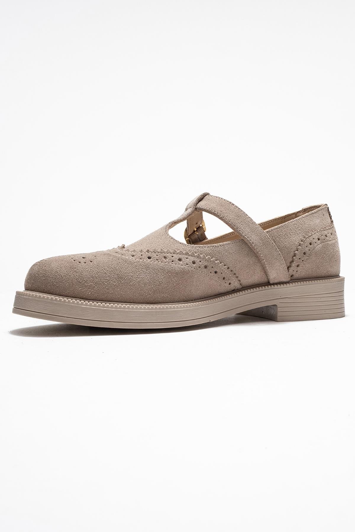 Janney - Beige Suede Genuine Leather Strap Loafer – heel view showing leather, suede, Vowalisse