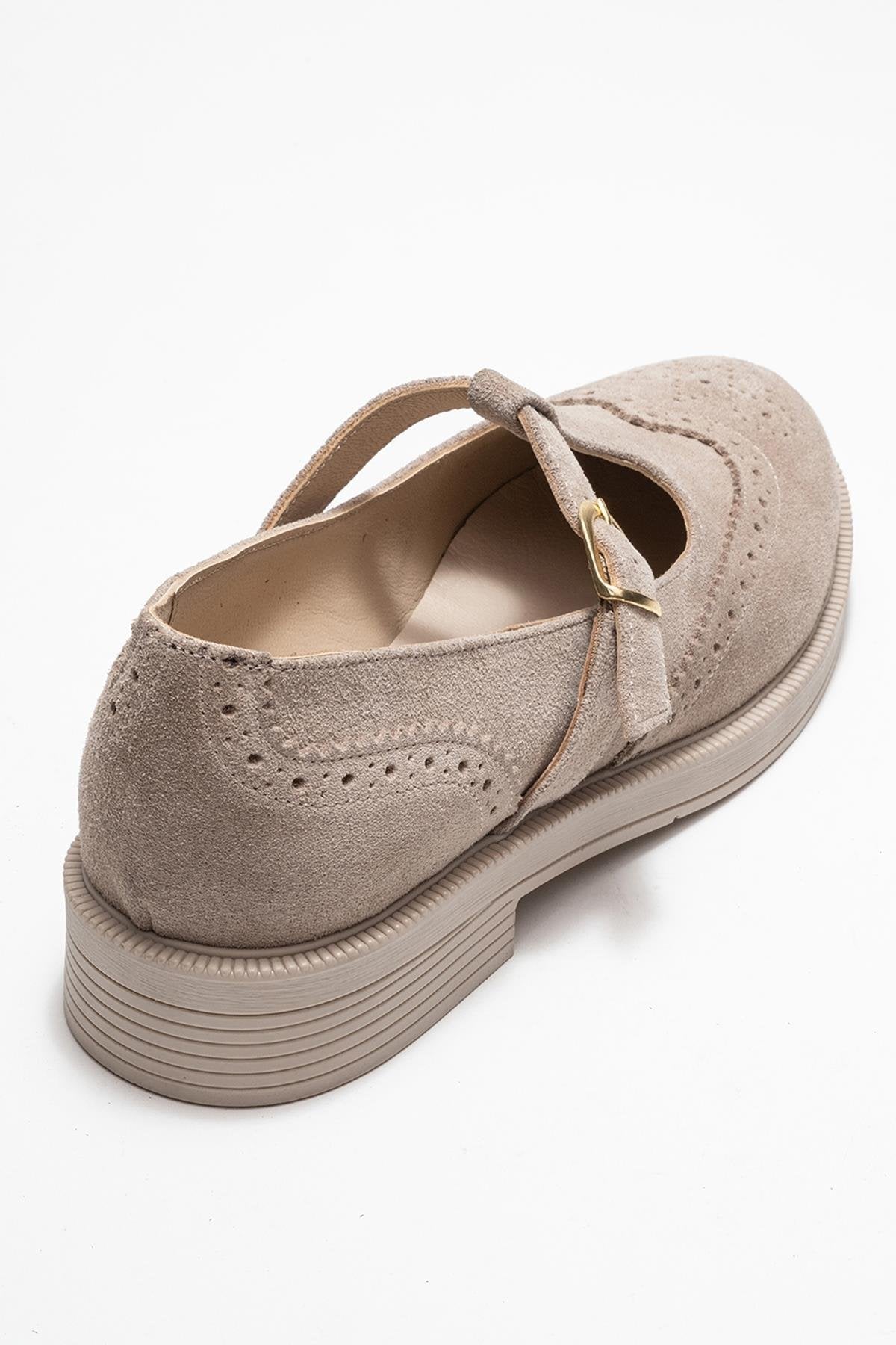 Janney - Beige Suede Genuine Leather Strap Loafer – back view showing leather, suede, Vowalisse