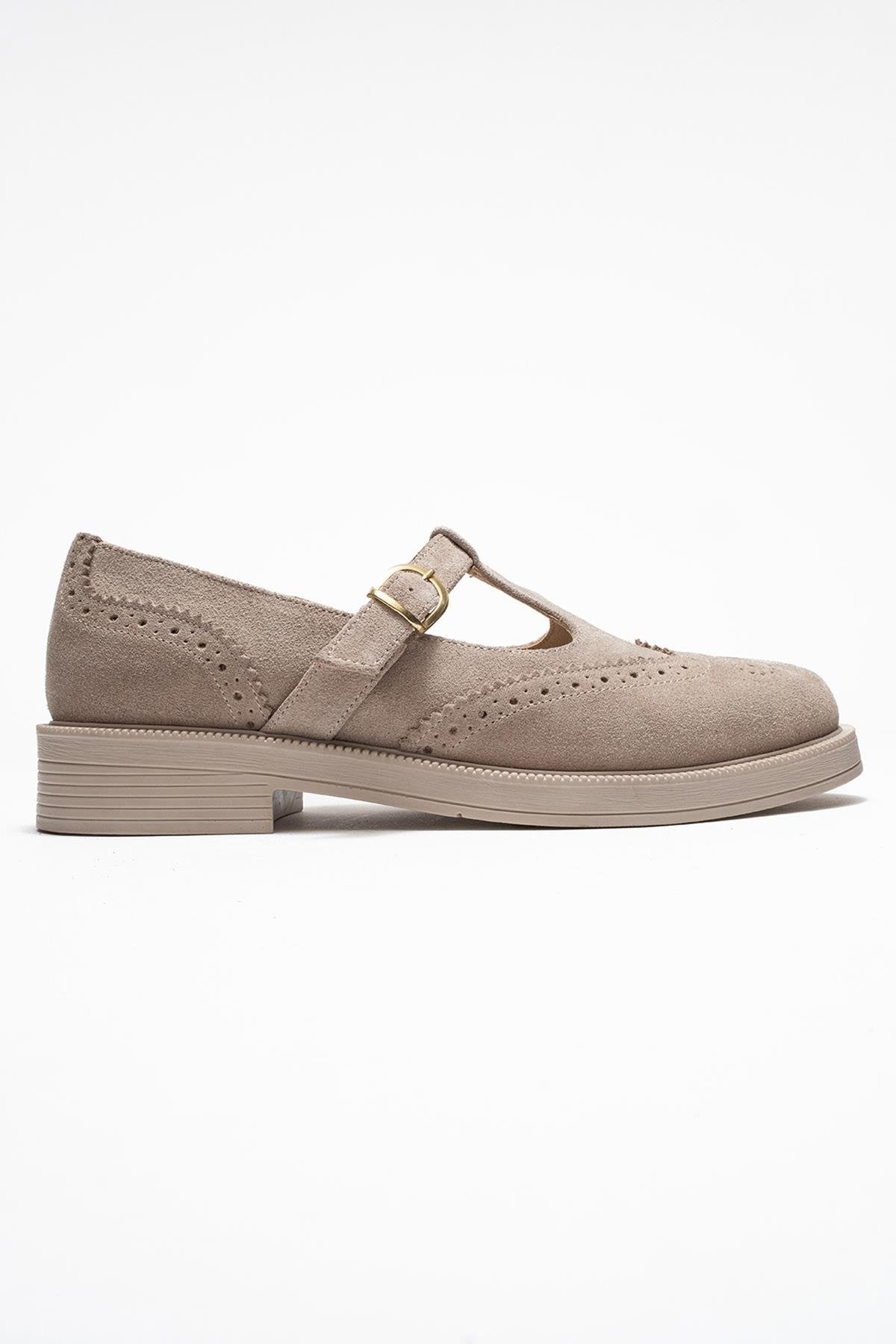 Janney - Beige Suede Genuine Leather Strap Loafer – top view showing leather, suede, Vowalisse