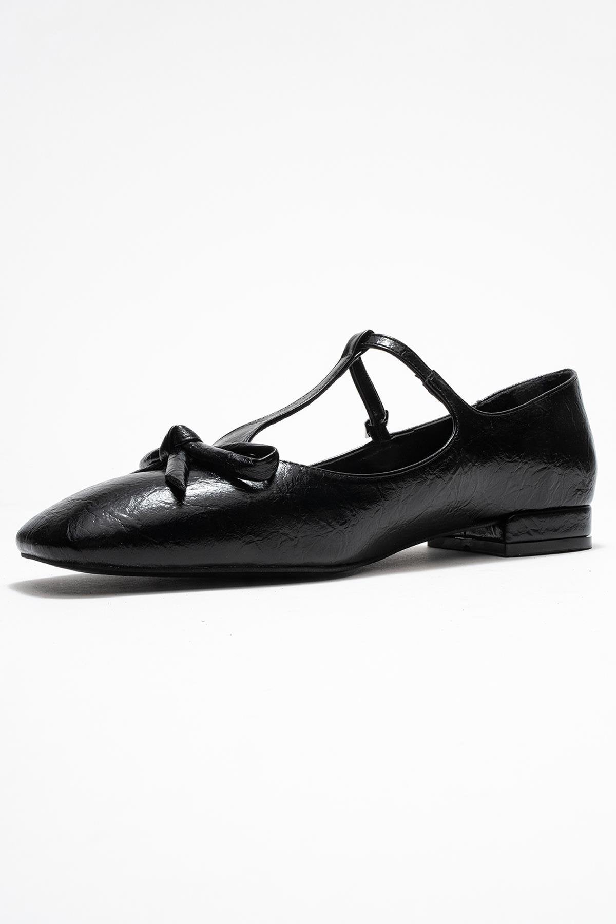 Lorena - Black Ballet Flat – heel view showing bow, leather, black, Vowalisse
