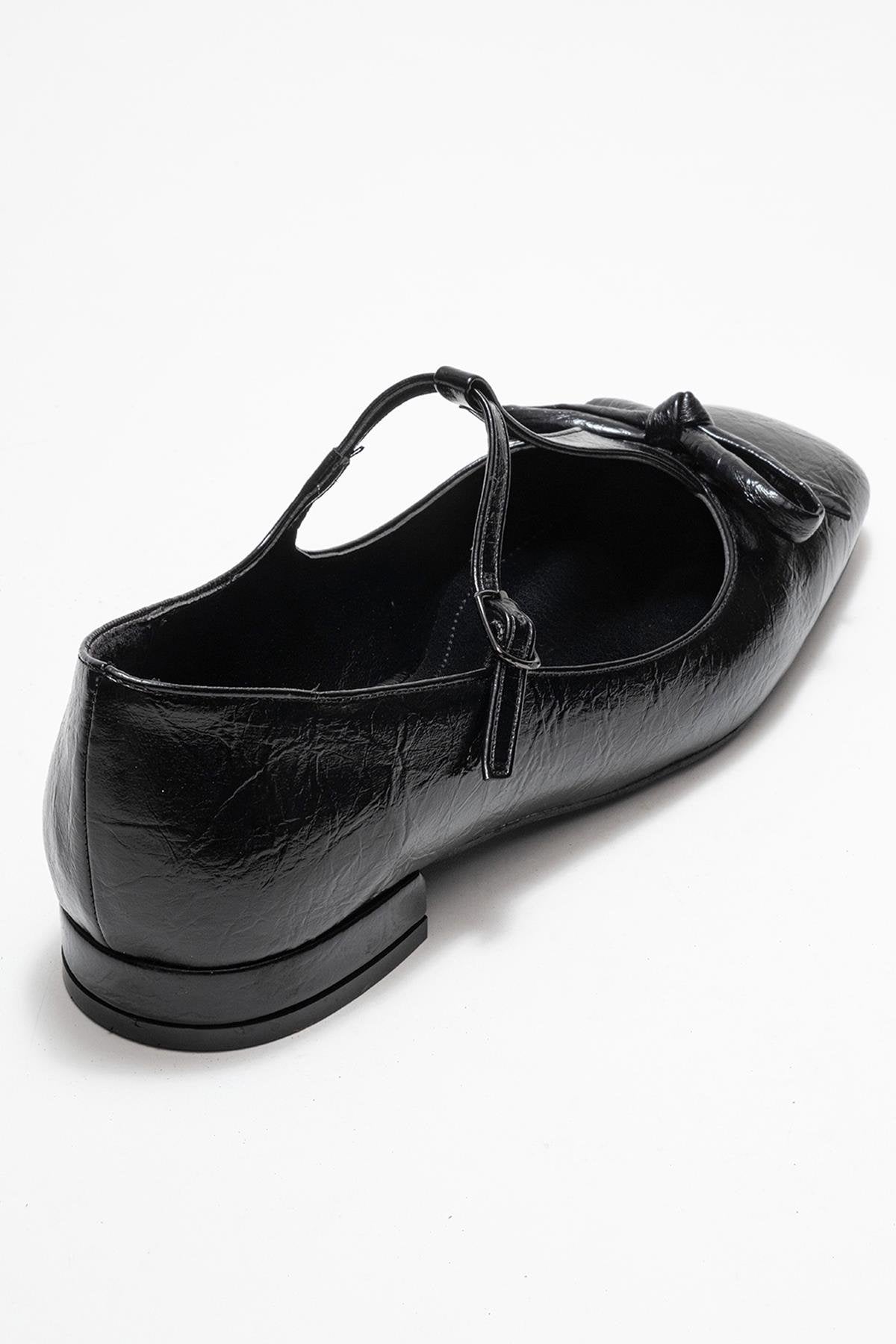 Lorena - Black Ballet Flat – back view showing bow, leather, black, Vowalisse