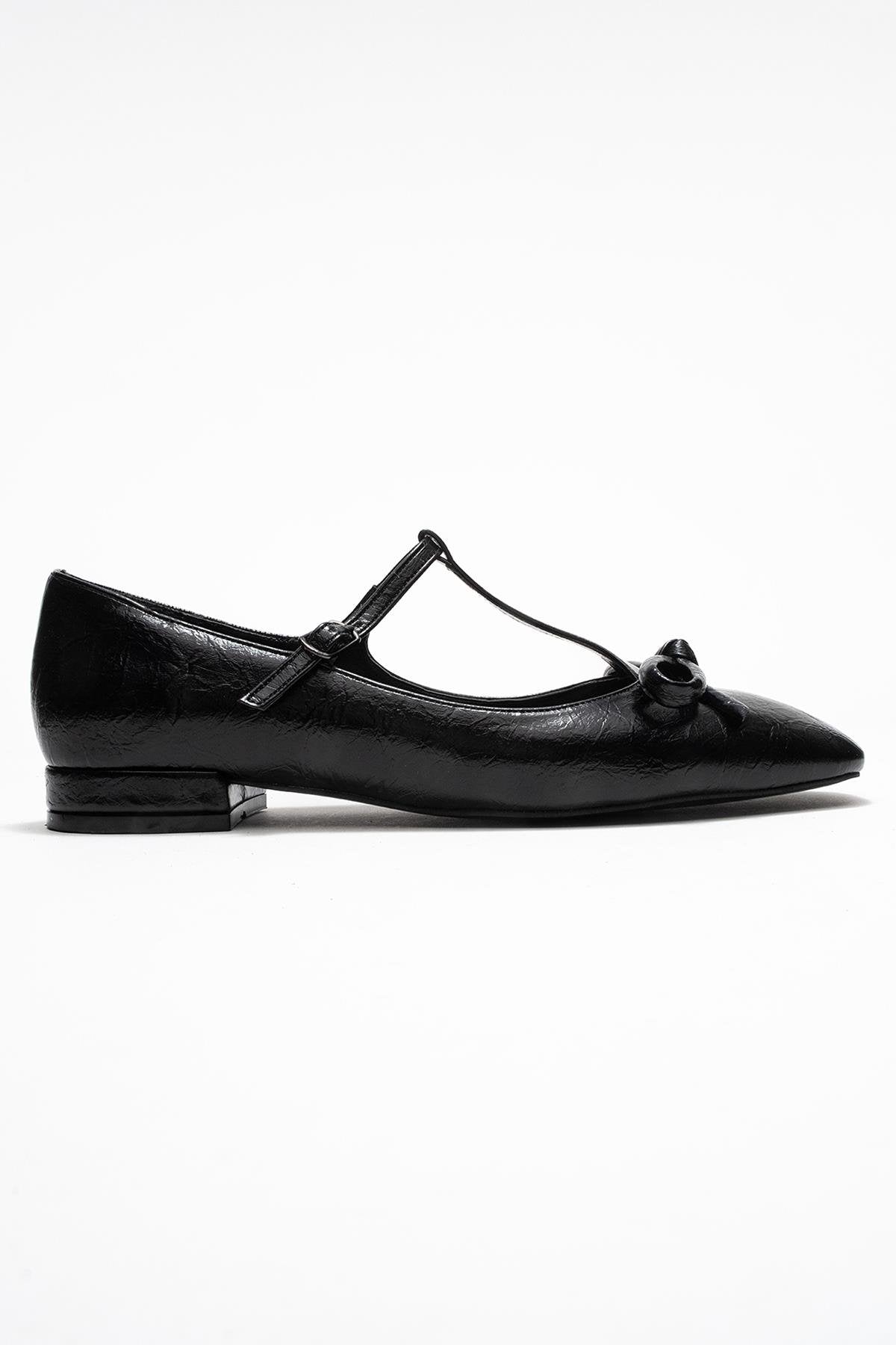 Lorena - Black Ballet Flat – top view showing bow, leather, black, Vowalisse