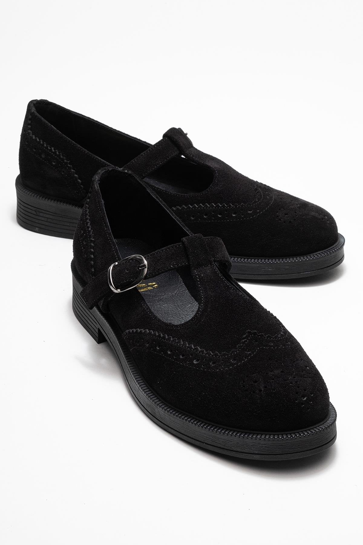 Janney - Black Genuine Leather Strap Loafer – front three-quarter view showing leather, black, Vowalisse
