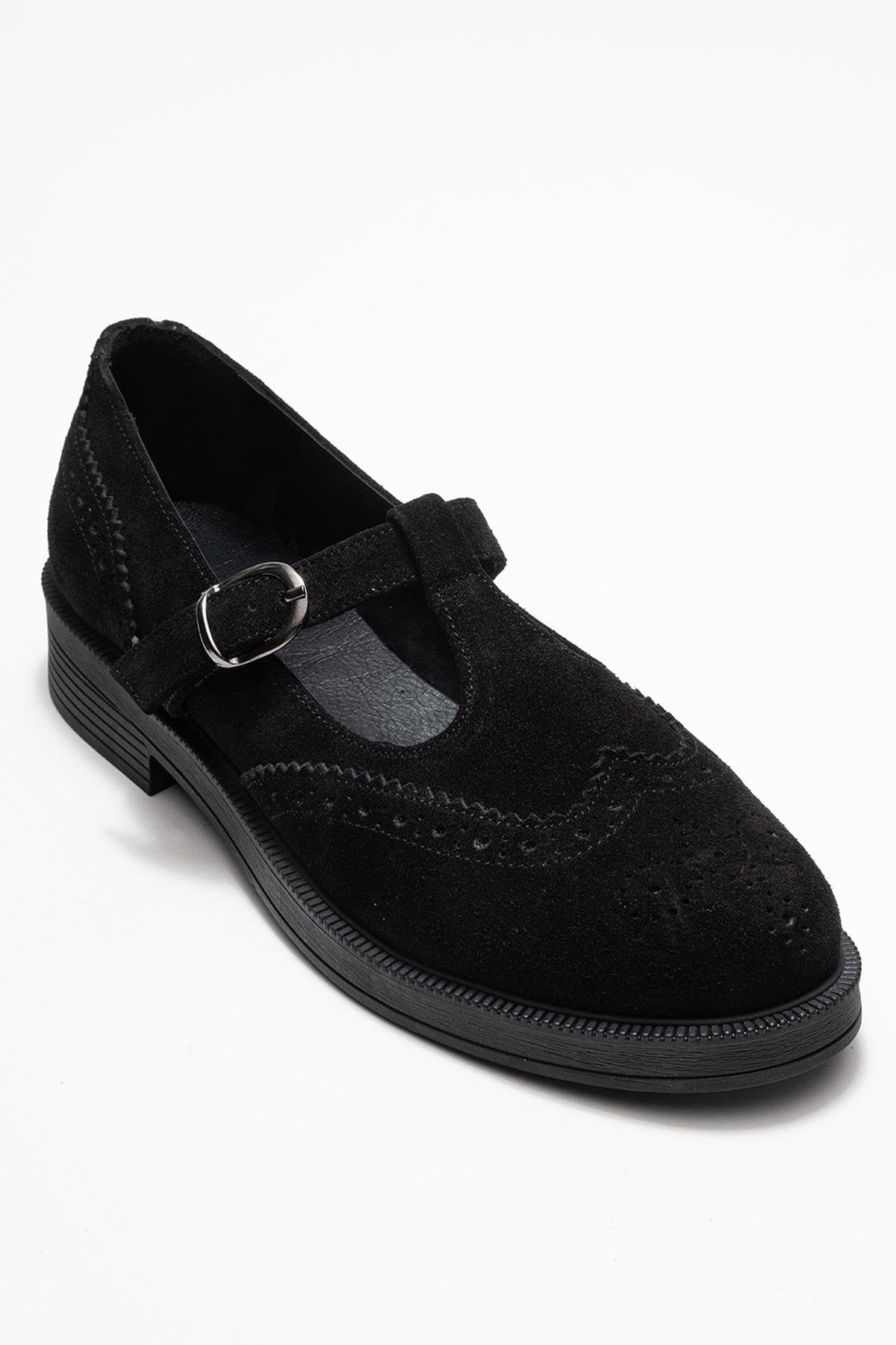 Janney - Black Genuine Leather Strap Loafer – detail view showing leather, black, Vowalisse