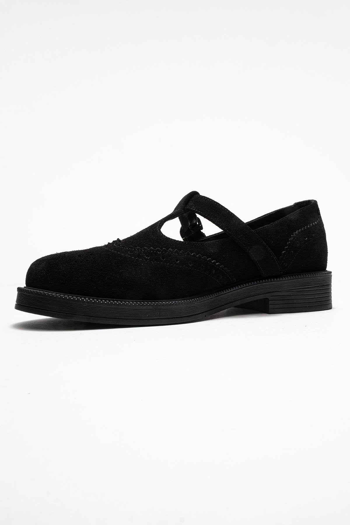 Janney - Black Genuine Leather Strap Loafer – heel view showing leather, black, Vowalisse