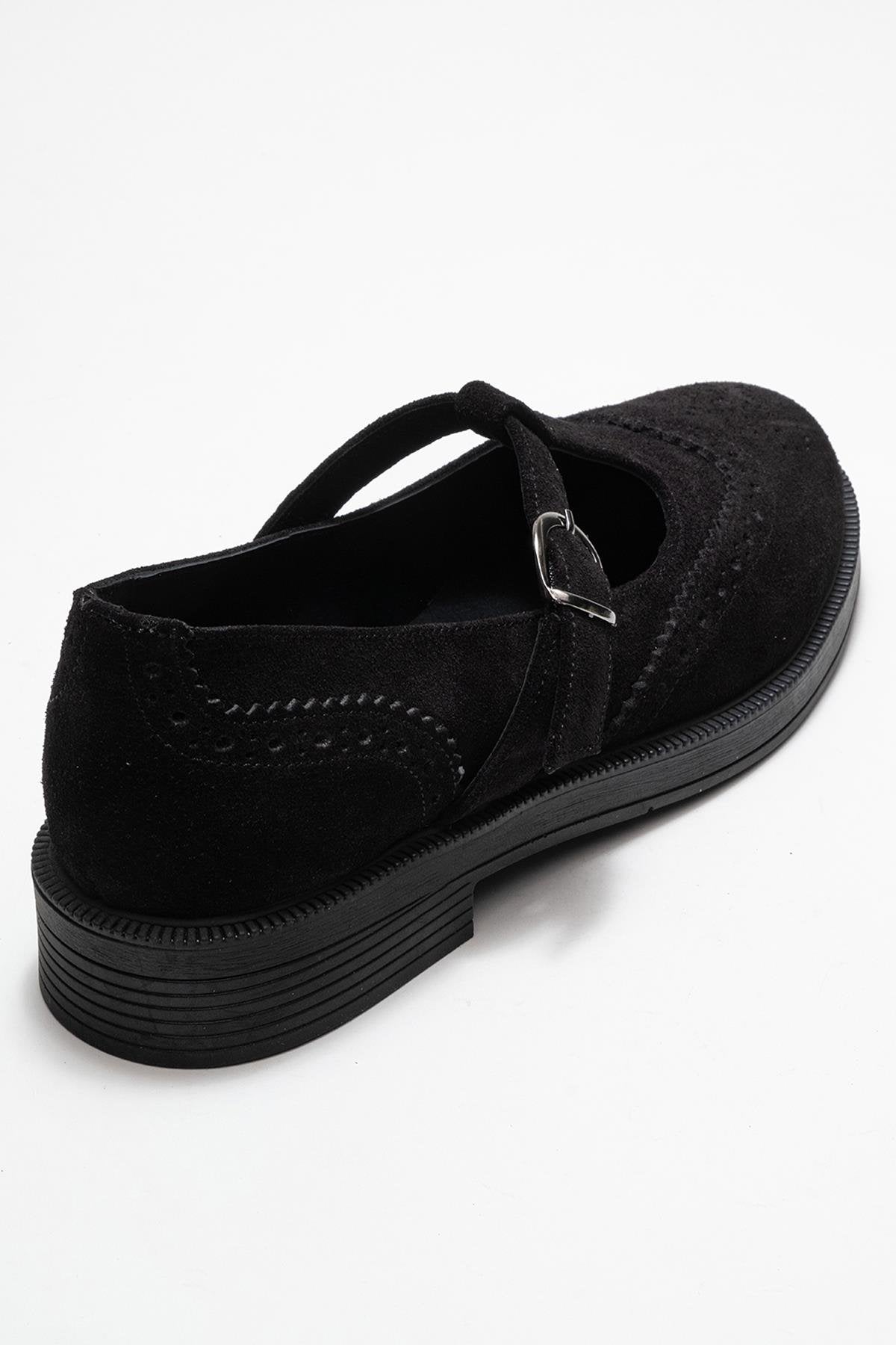 Janney - Black Genuine Leather Strap Loafer – back view showing leather, black, Vowalisse