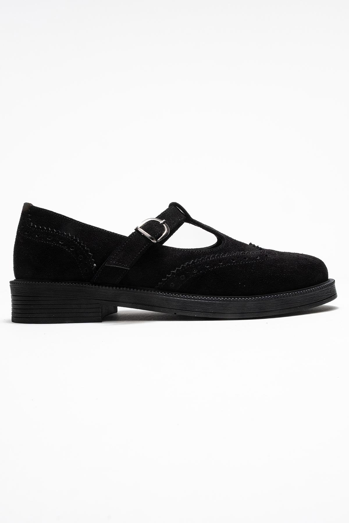 Janney - Black Genuine Leather Strap Loafer – top view showing leather, black, Vowalisse