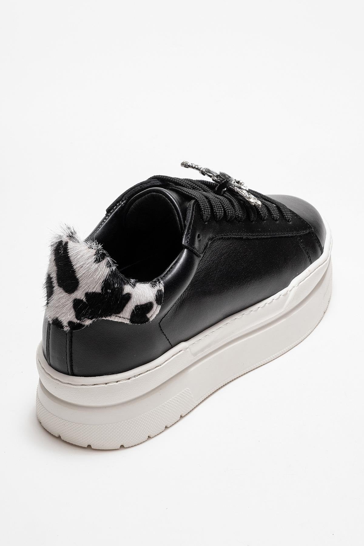 Laren - Black Genuine Leather Buckle Casual Sneaker – back view showing leather, black, Vowalisse