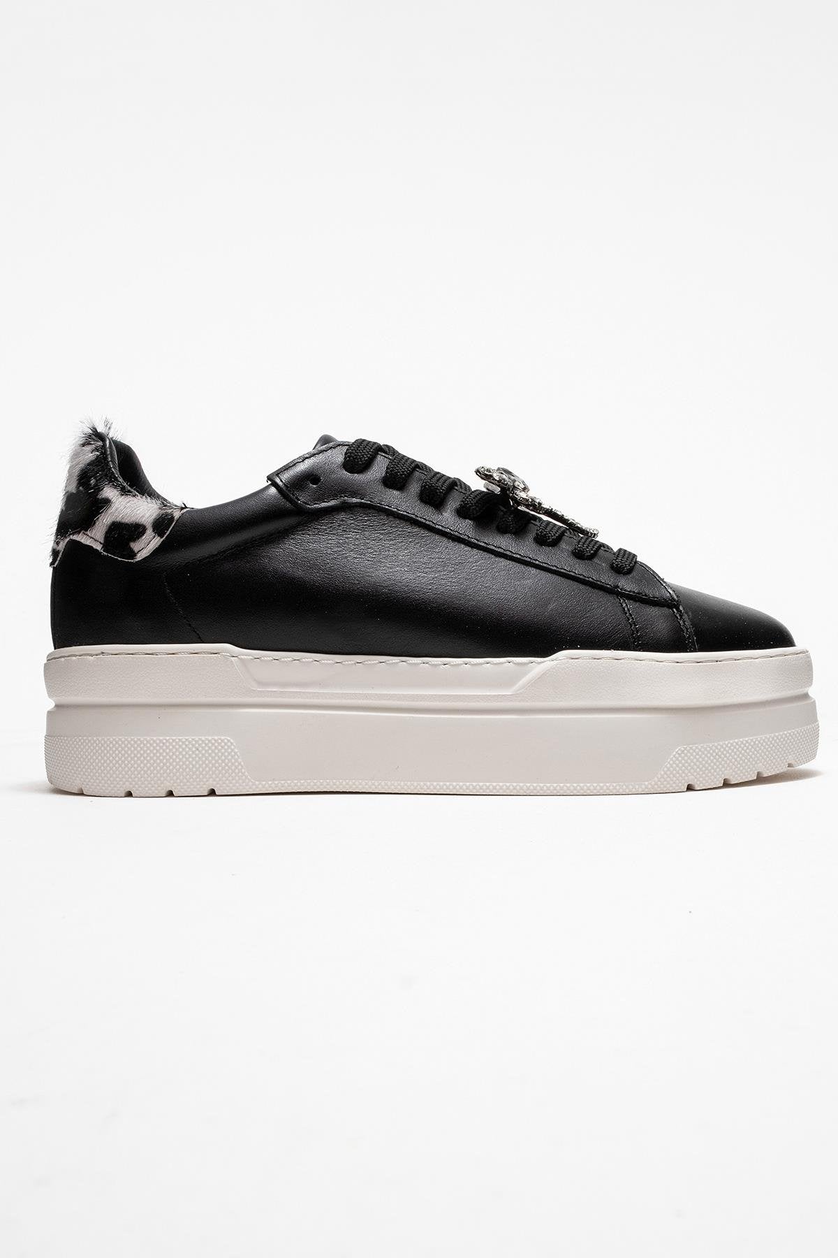 Laren - Black Genuine Leather Buckle Casual Sneaker – top view showing leather, black, Vowalisse