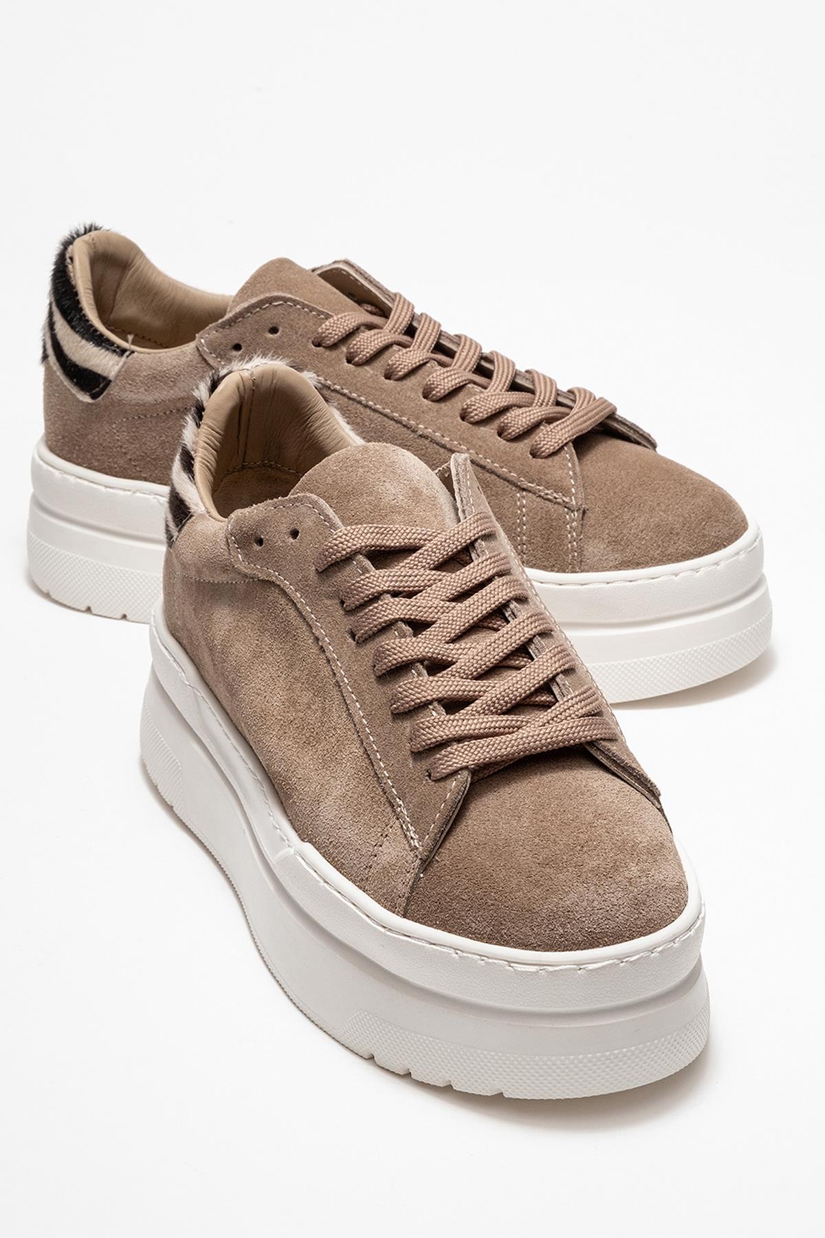 Anabel - Taupe Suede Genuine Leather Casual Sneaker – front three-quarter view showing leather, suede, Vowalisse