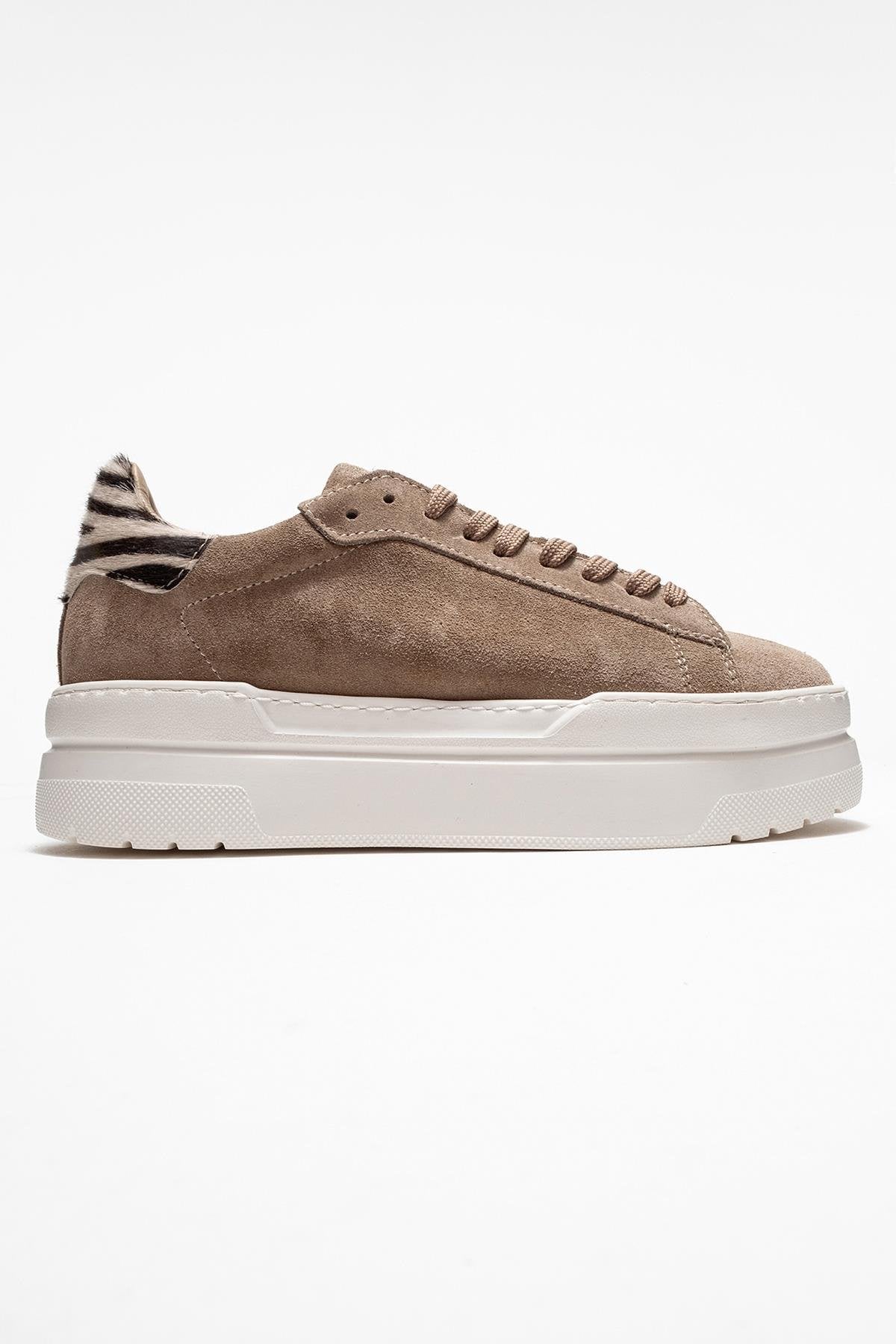 Anabel - Taupe Suede Genuine Leather Casual Sneaker – top view showing leather, suede, Vowalisse