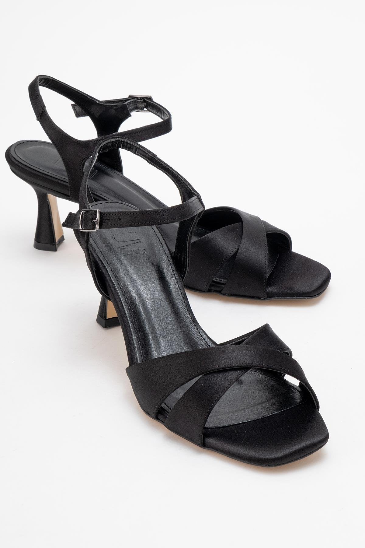 Melin - Black Satin Cross Strap High Heel – front three-quarter view showing satin, leather, black, Vowalisse