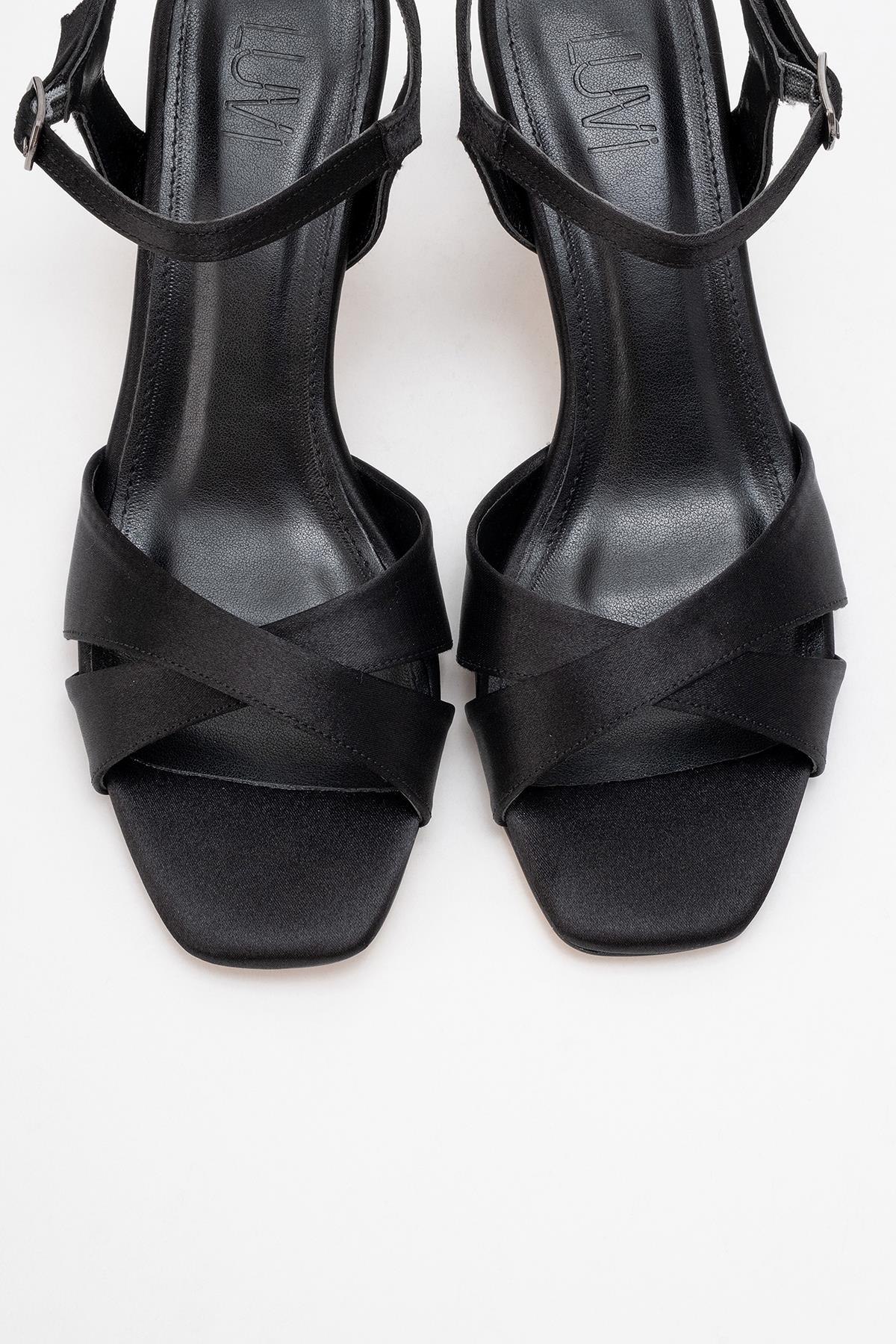 Melin - Black Satin Cross Strap High Heel – side view showing satin, leather, black, Vowalisse