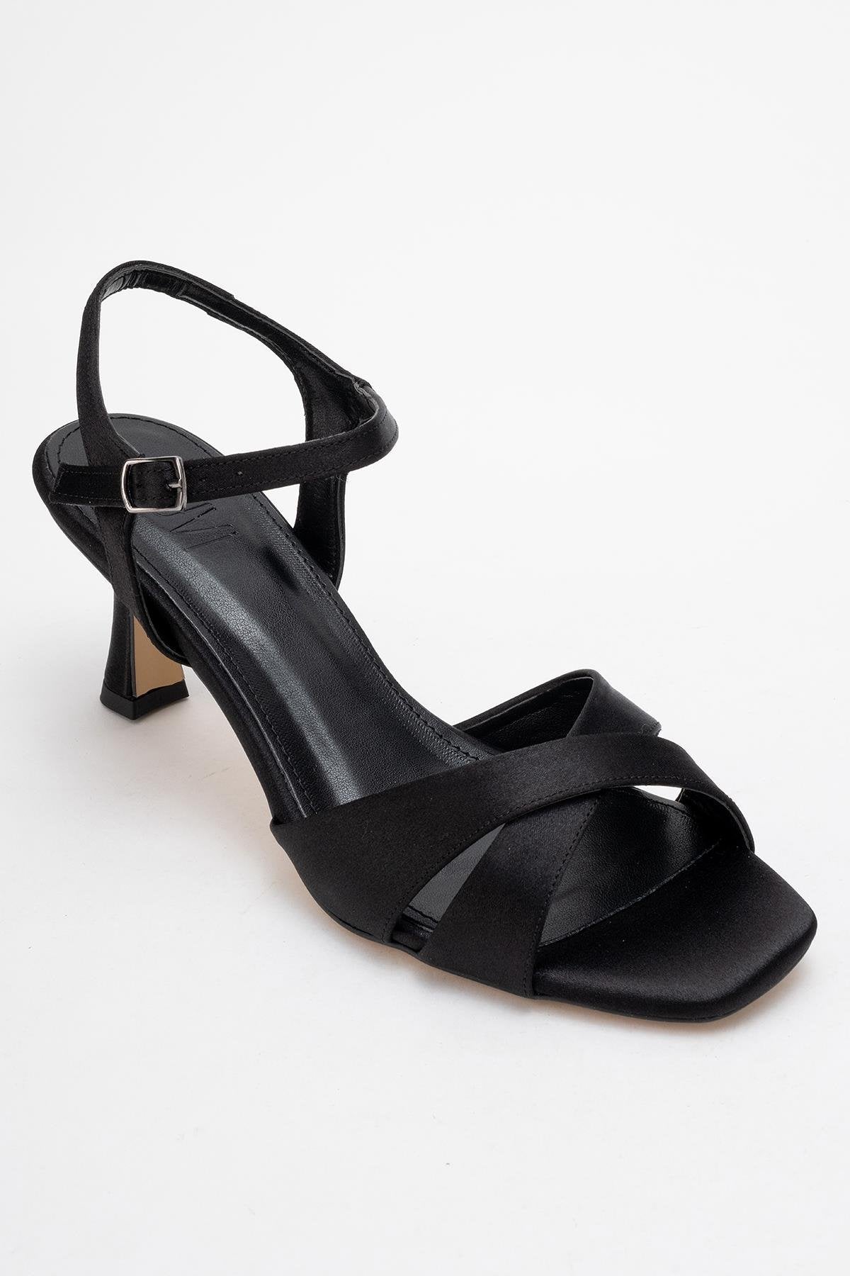 Melin - Black Satin Cross Strap High Heel – detail view showing satin, leather, black, Vowalisse