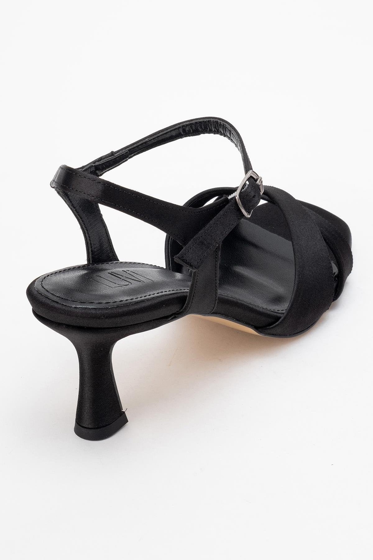 Melin - Black Satin Cross Strap High Heel – back view showing satin, leather, black, Vowalisse