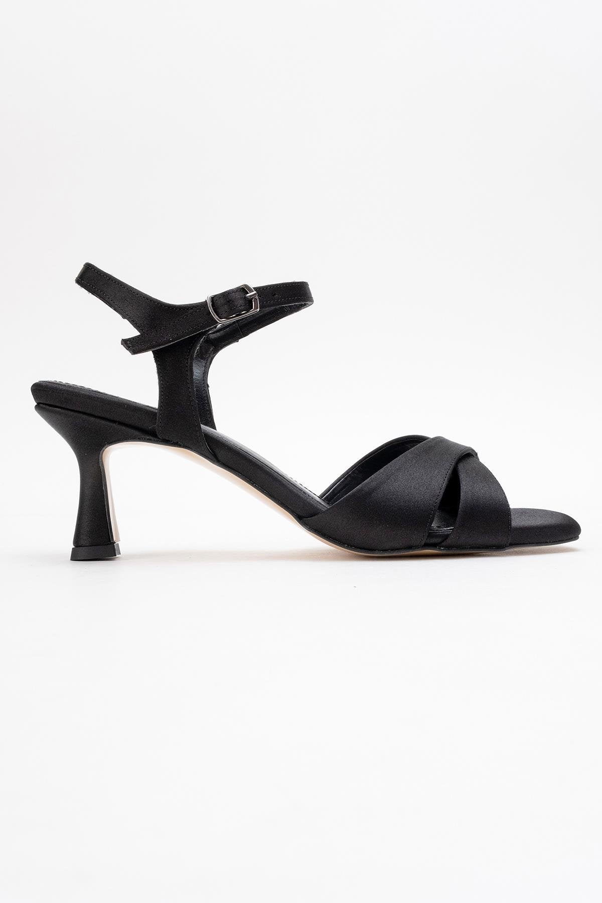 Melin - Black Satin Cross Strap High Heel – top view showing satin, leather, black, Vowalisse