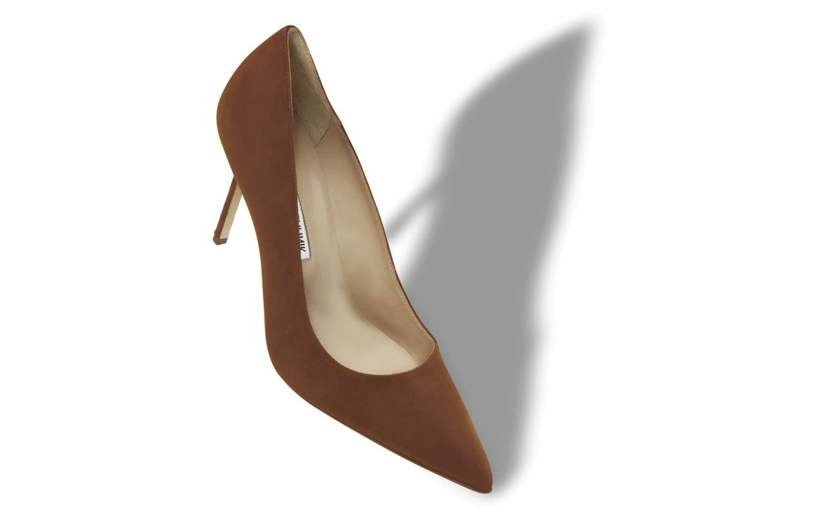 Magnolia Dawn Brown Pointed Toe Pumps – front three-quarter view showing brown pointed toe, suede, Vowalisse