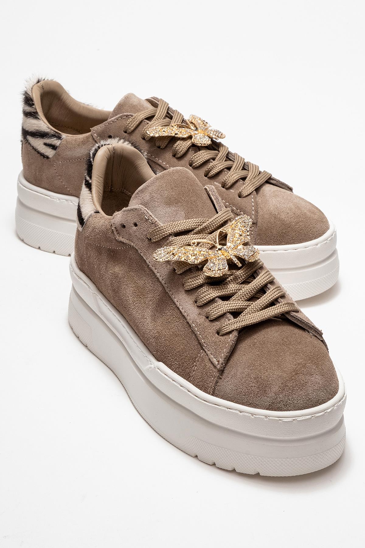 Anda - Taupe Genuine Leather Buckled Casual Sneaker – front three-quarter view showing leather, Vowalisse