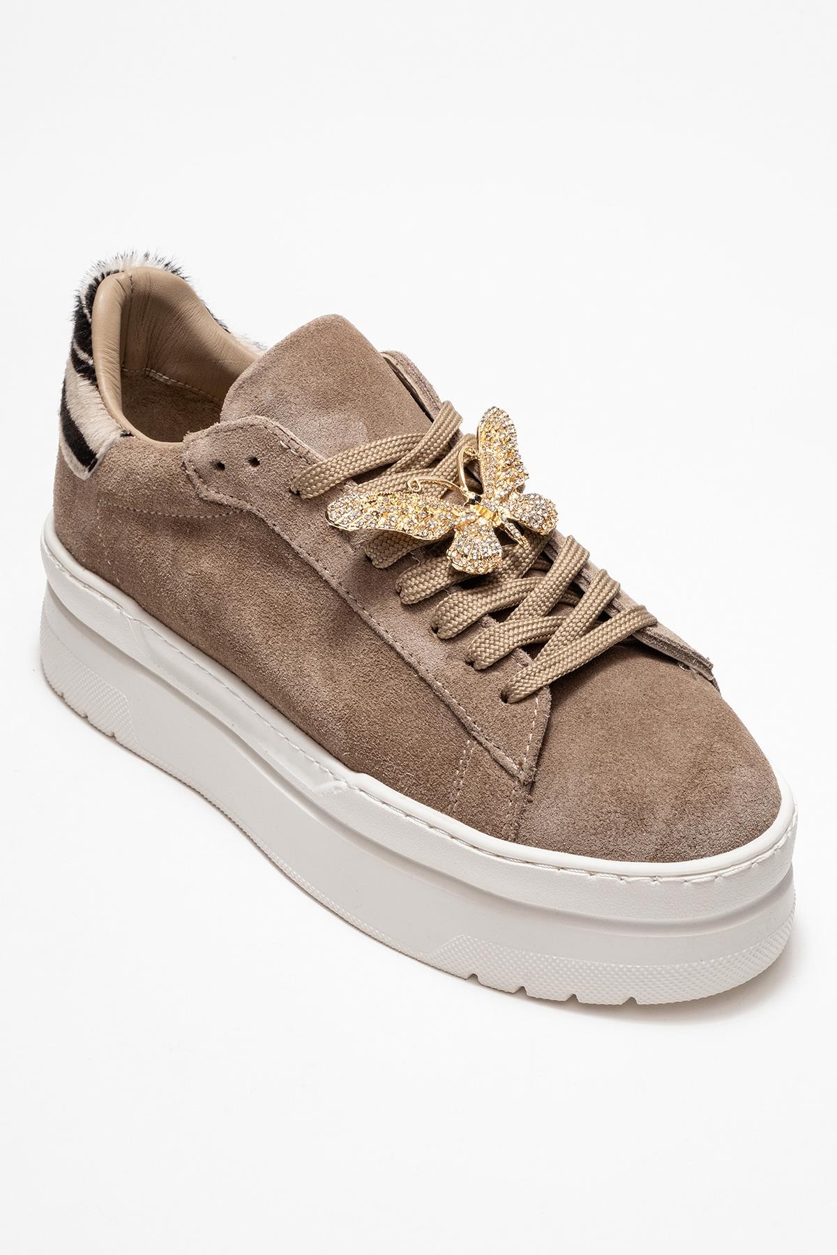 Anda - Taupe Genuine Leather Buckled Casual Sneaker – detail view showing leather, Vowalisse