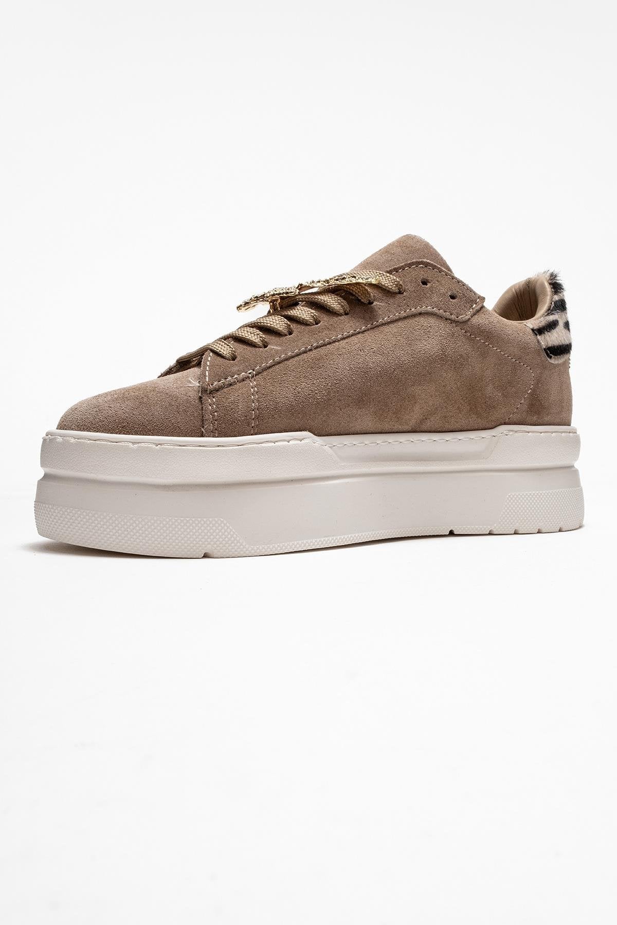 Anda - Taupe Genuine Leather Buckled Casual Sneaker – heel view showing leather, Vowalisse
