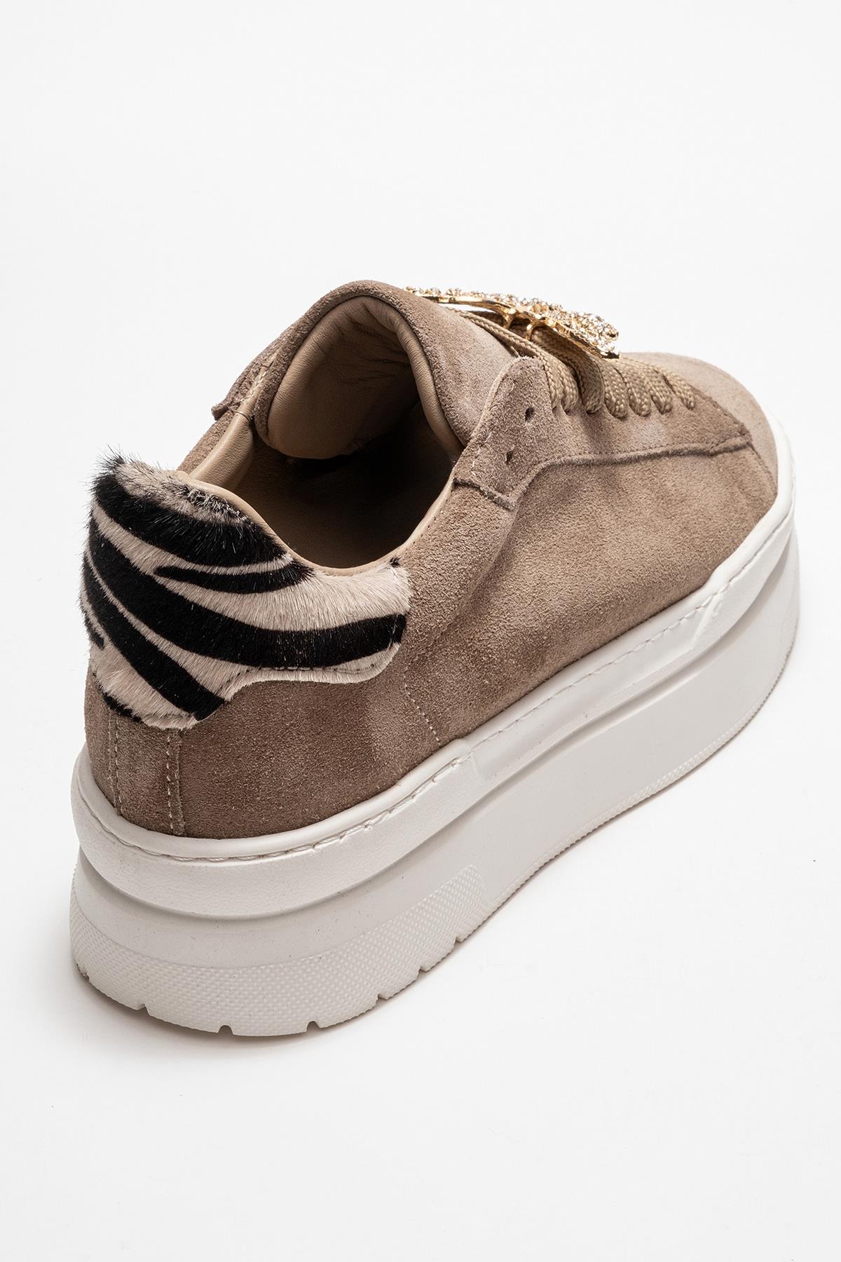 Anda - Taupe Genuine Leather Buckled Casual Sneaker – back view showing leather, Vowalisse