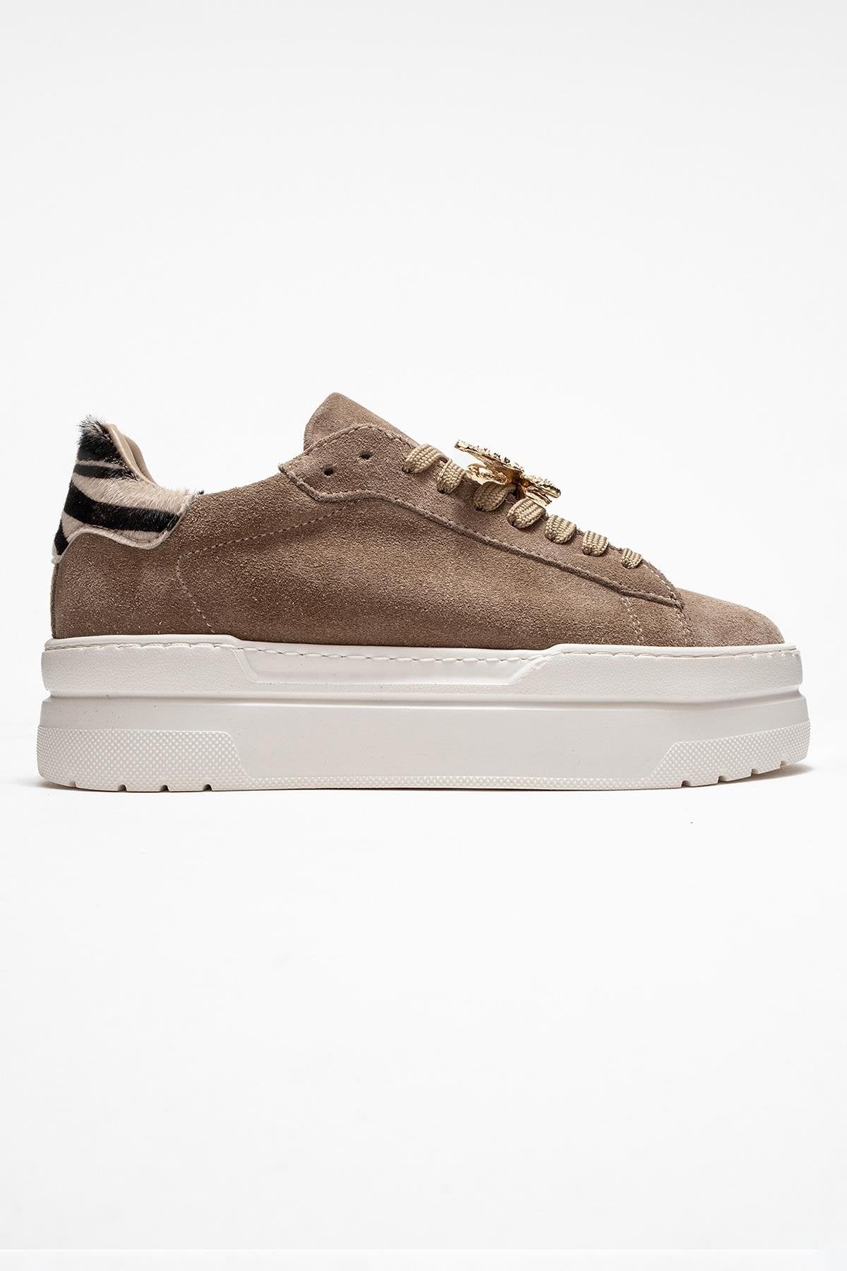 Anda - Taupe Genuine Leather Buckled Casual Sneaker – top view showing leather, Vowalisse