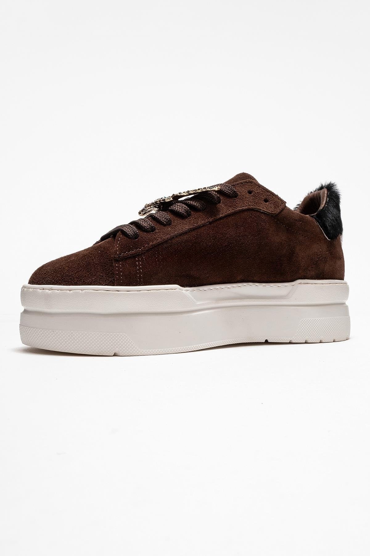 Anda - Brown Genuine Leather Buckled Casual Sneaker – heel view showing leather, Vowalisse