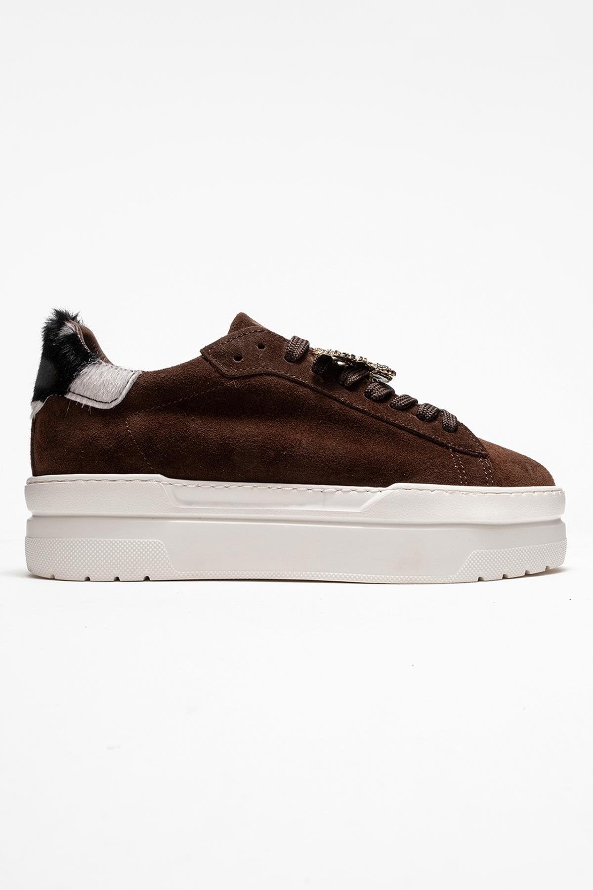 Anda - Brown Genuine Leather Buckled Casual Sneaker – top view showing leather, Vowalisse