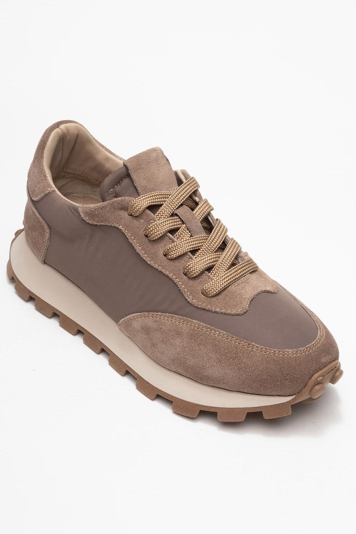Amanda - Taupe Genuine Leather Sneaker – detail view showing leather, Vowalisse