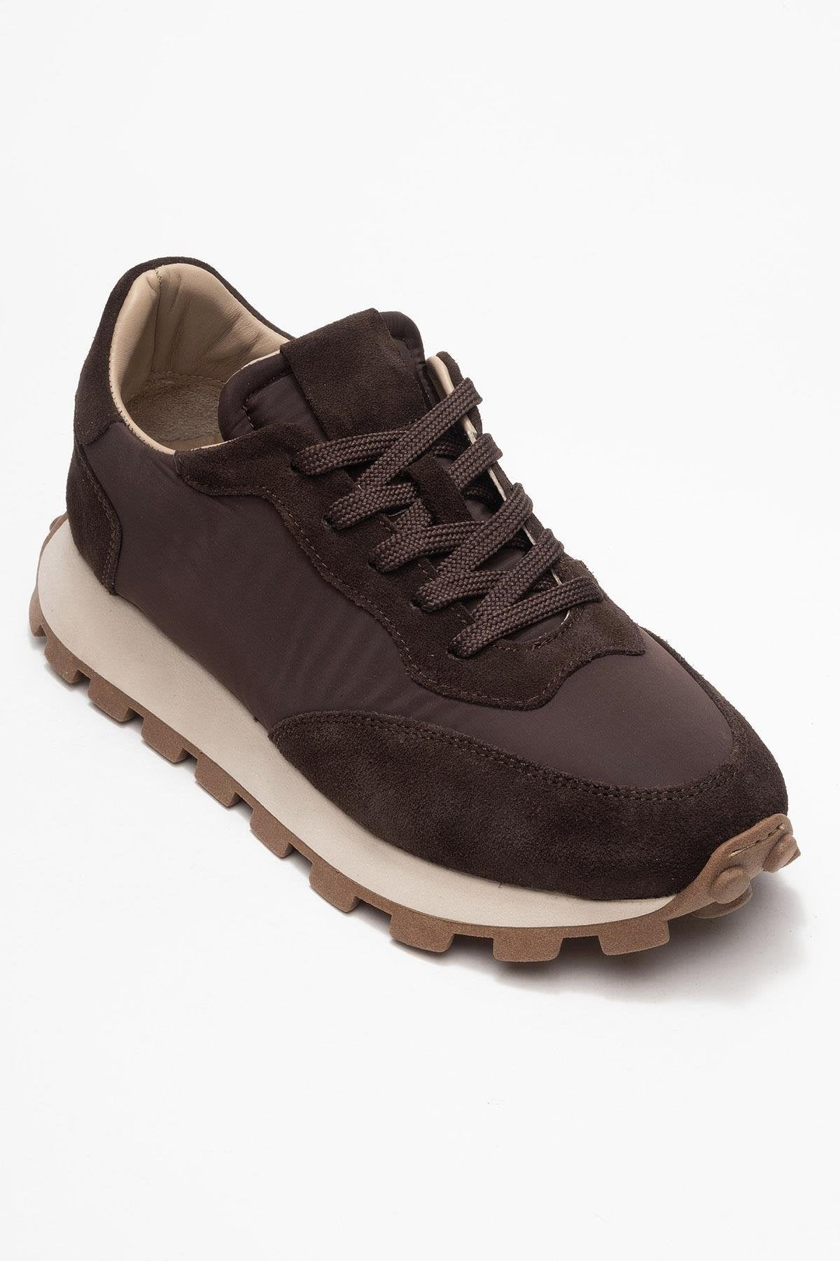 Amanda - Brown Genuine Leather Sneaker – detail view showing leather, Vowalisse