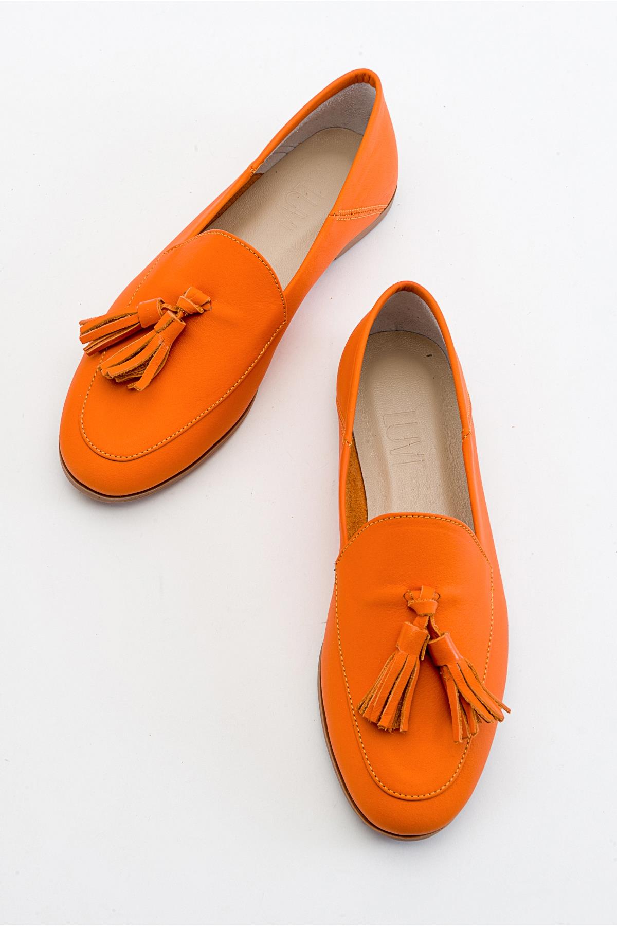 Mona - Neon Orange Soft Leather Tassel Loafers – side view showing leather, suede, red, Vowalisse