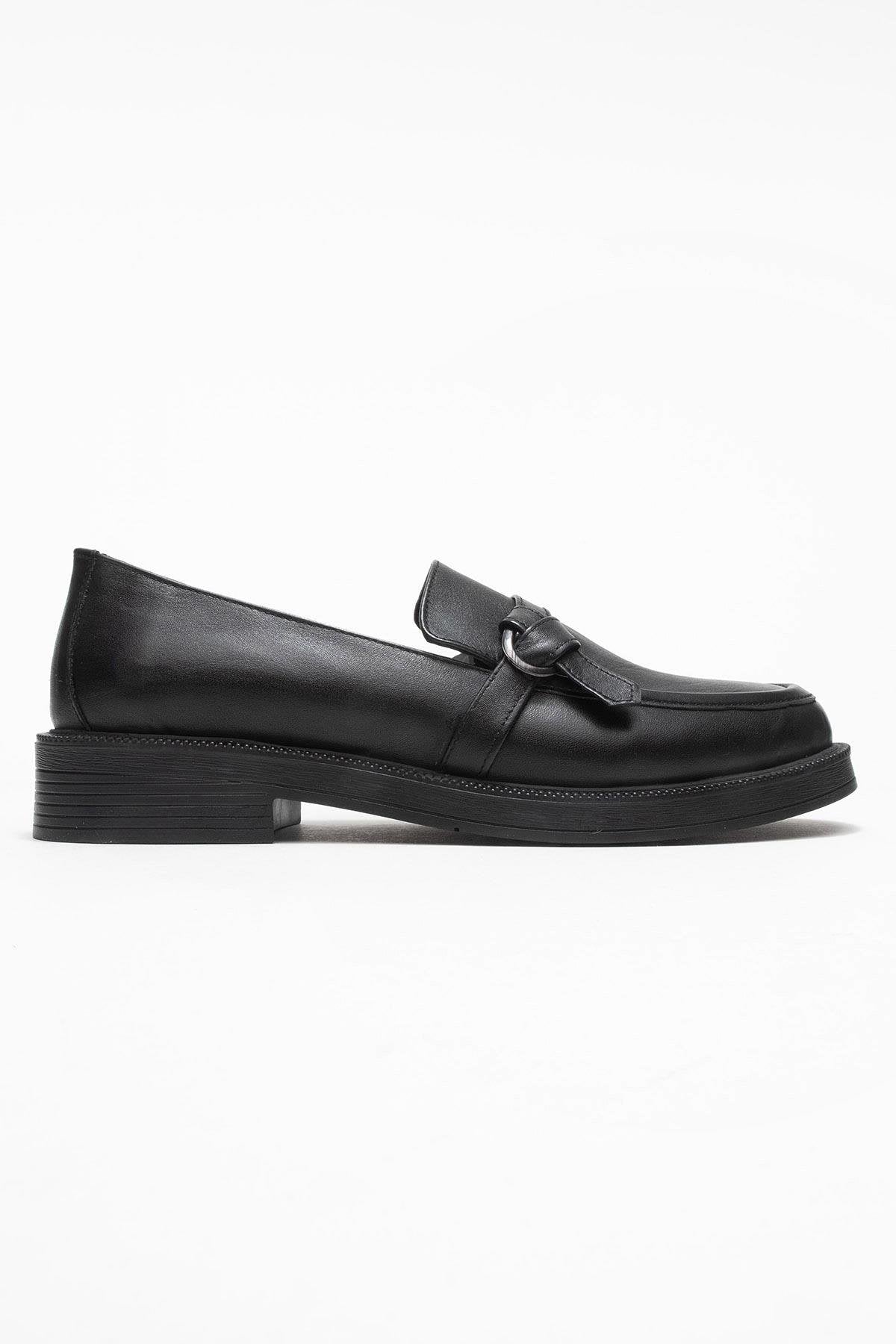 Galea - Black Genuine Leather Buckle Loafer – top view showing leather, black, Vowalisse