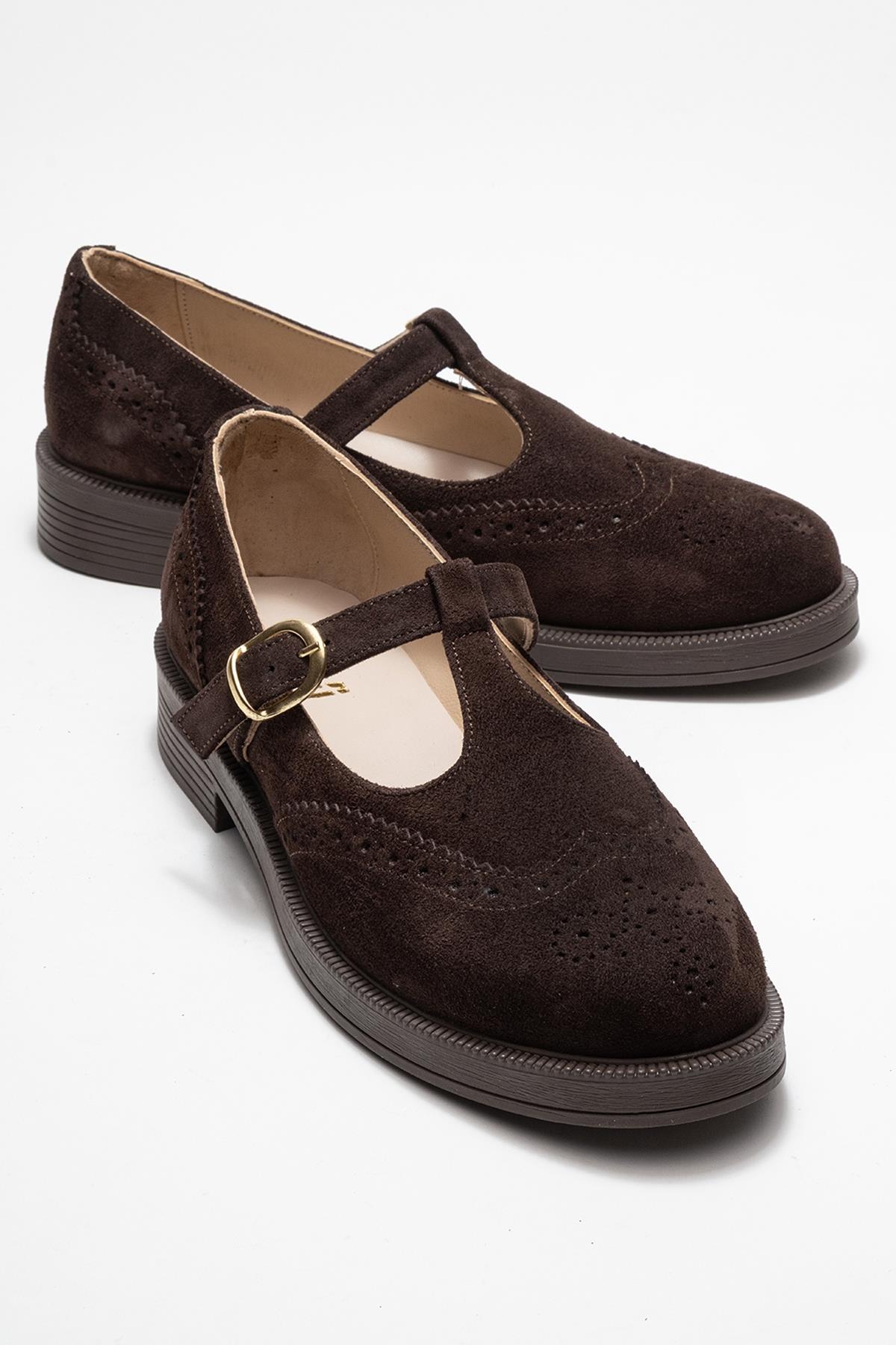 Janney - Brown Suede Genuine Leather Strap Loafer – front three-quarter view showing leather, suede, Vowalisse