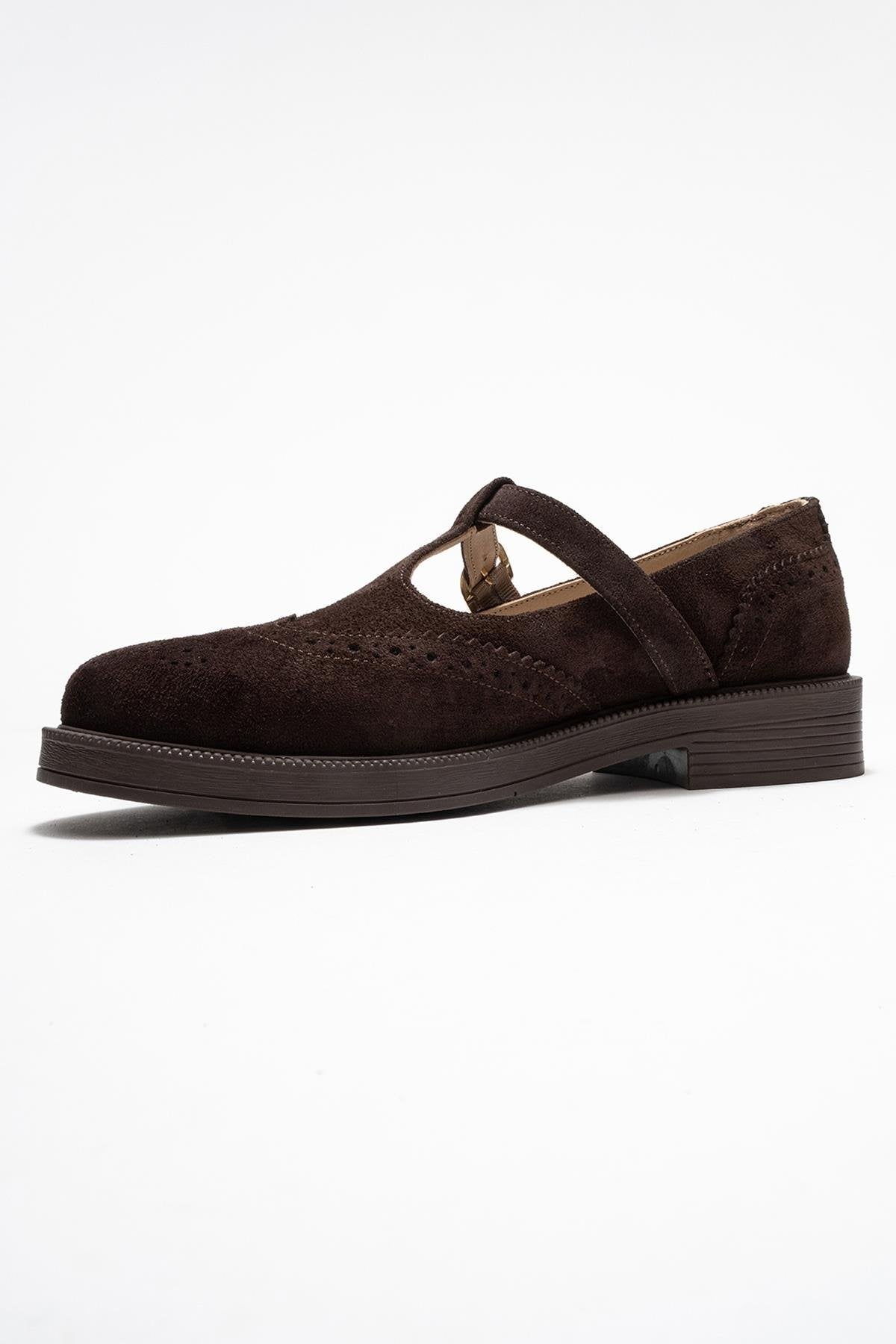 Janney - Brown Suede Genuine Leather Strap Loafer – heel view showing leather, suede, Vowalisse