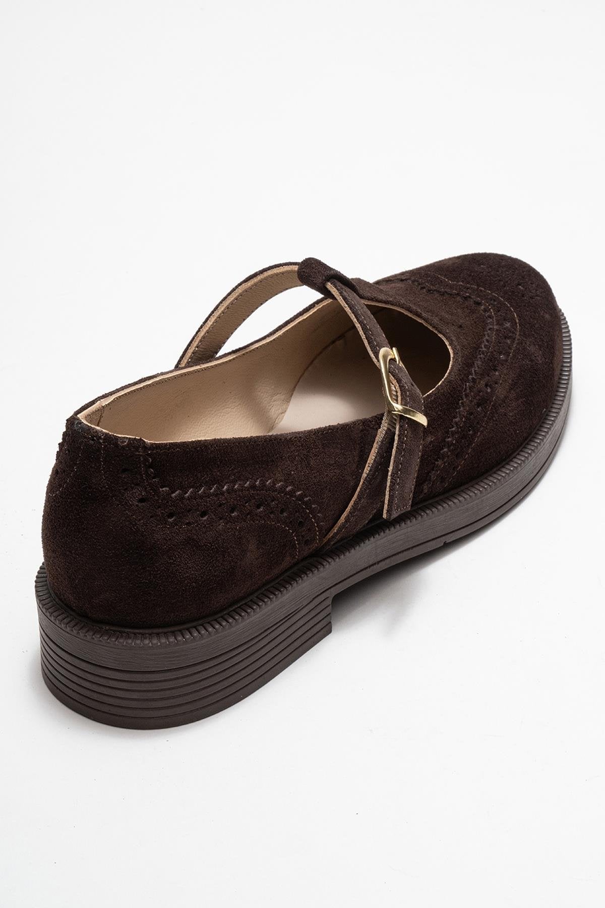 Janney - Brown Suede Genuine Leather Strap Loafer – back view showing leather, suede, Vowalisse