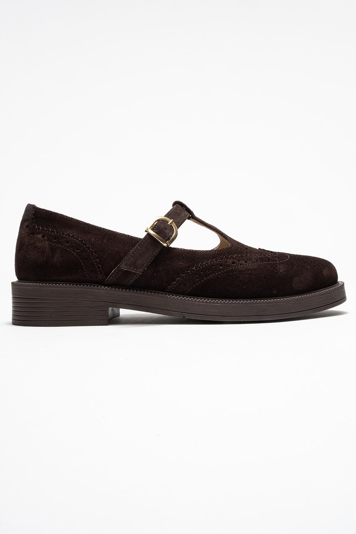 Janney - Brown Suede Genuine Leather Strap Loafer – top view showing leather, suede, Vowalisse